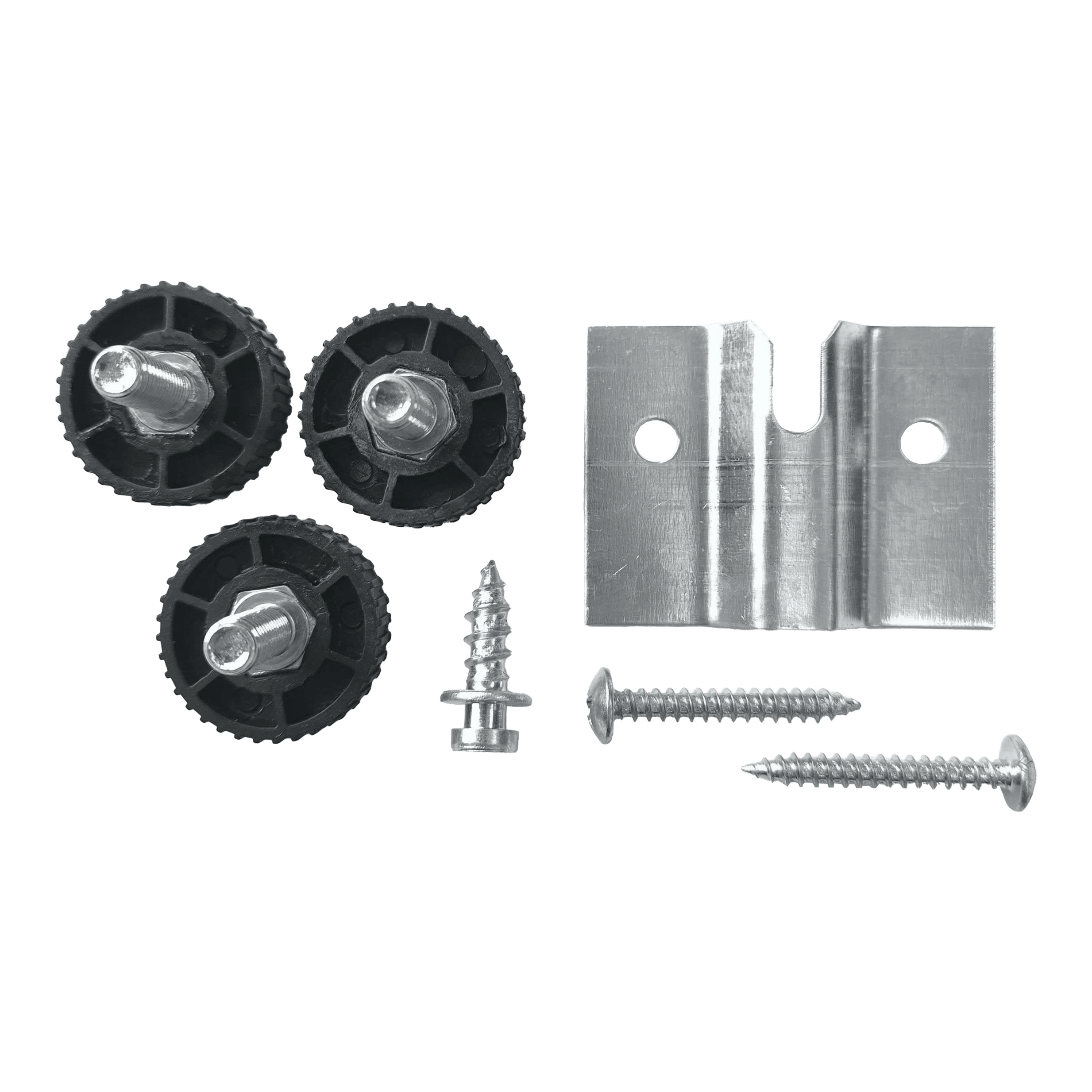 Soporte de pared Winmau Rota-Lock Blade 6 Das Bild zeigt das Winmau Rota-Lock Blade 6 Wandhalterungs-Set mit drei schwarzen Einstellrädern, einer Metallhalterung und Schrauben. Diese Teile werden verwendet, um ein Dartboard sicher an der Wand zu befestigen.