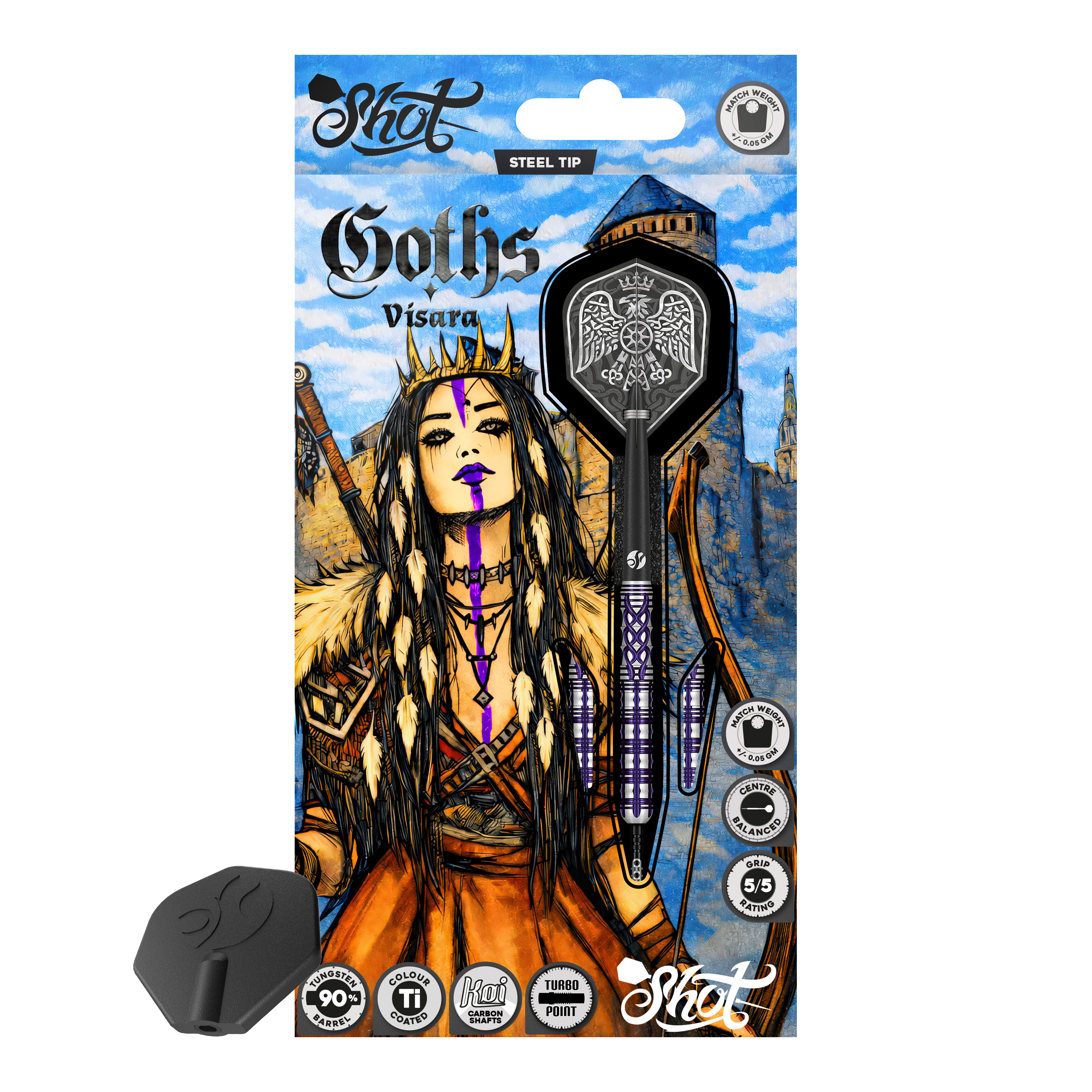 Dardos de acero Shot Goths Visara Turbo Point - 23 g Abgebildet sind die Shot Goths Visara Turbo Point Steeldarts mit einem Gewicht von 23 Gramm. Diese hochwertigen Darts bieten ein elegantes Design und eine ausgezeichnete Flugeigenschaft.