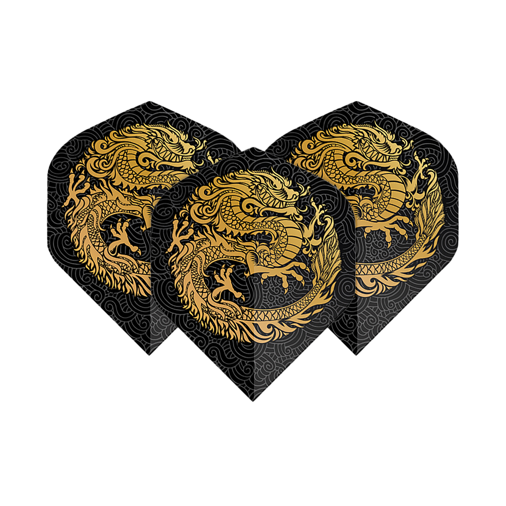Vuelos de pentatlón Dragón negro Das Bild zeigt drei Dart-Flights mit einem auffälligen goldenen Drachen-Design auf schwarzem Hintergrund. Die Flights sind vom Typ "Pentathlon Dragon 2 Standard".