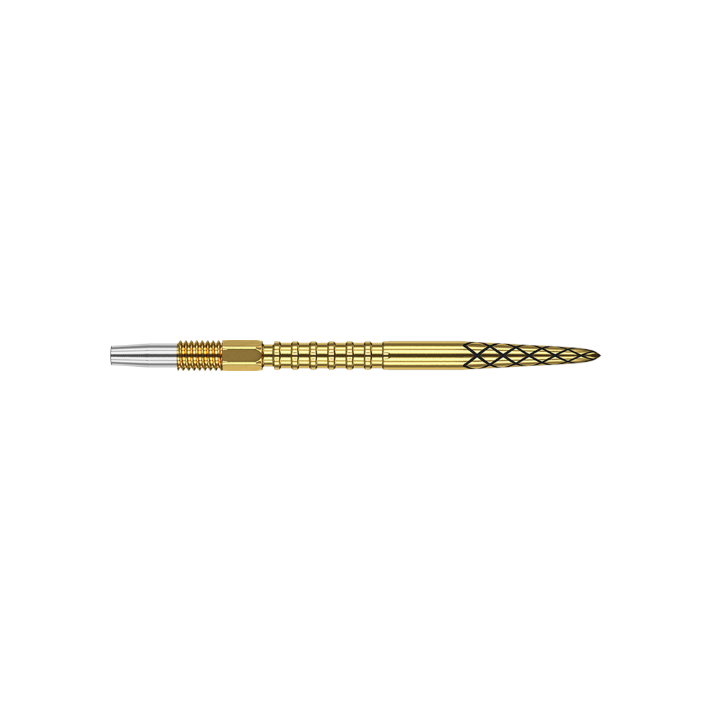 Puntas de dardo Target Swiss DS Surge Point - Oro Das Bild zeigt eine goldfarbene Dartspitze mit einem feinen Rautenmuster. Der hintere Teil der Spitze ist silberfarben und geriffelt.