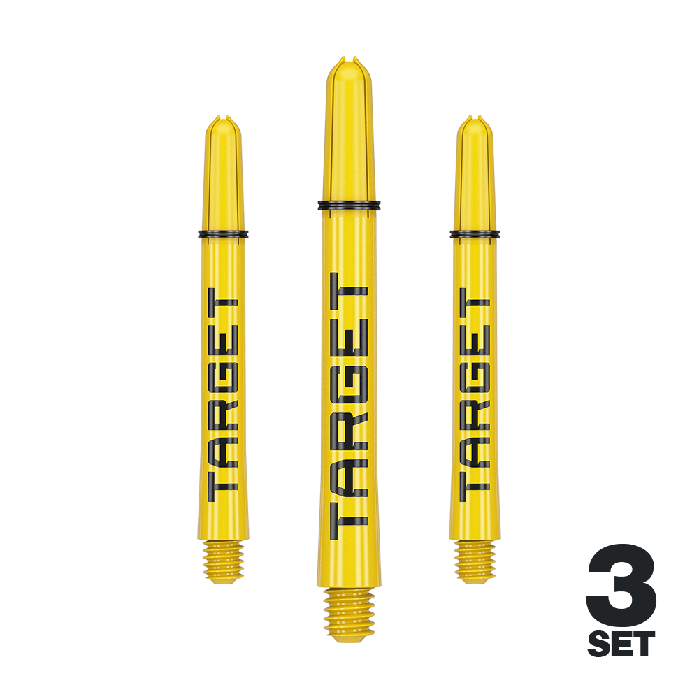 Varillas Target Pro Grip TAG - 3 juegos - Amarillas Auf dem Bild sind drei gelbe Dartschäfte der Marke Target zu sehen. Unten rechts steht "3 Set", was auf ein Set aus drei Teilen hinweist.