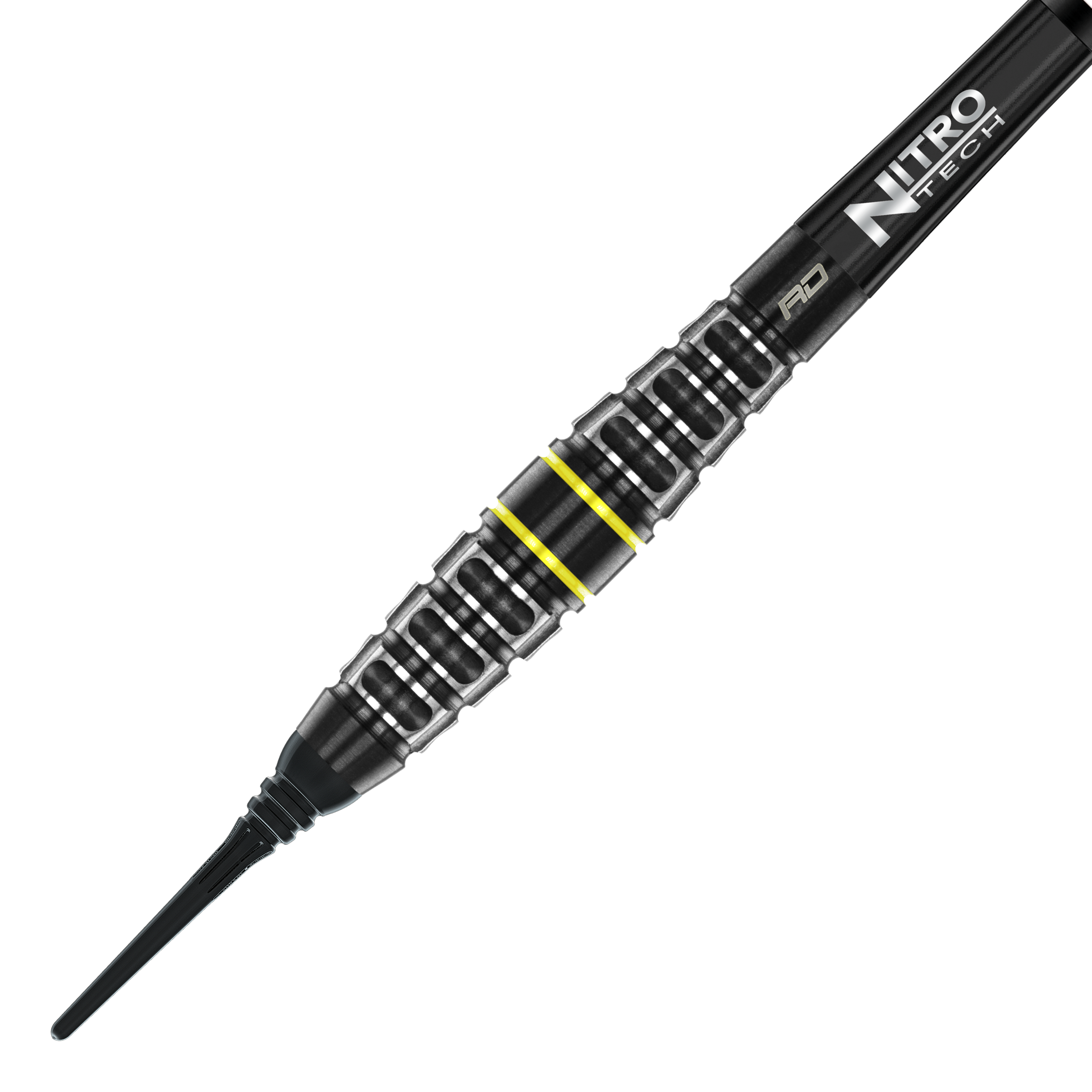 Dardos blandos Red Dragon Astraeus Q4X Torpedo - 20 g Auf dem Bild ist der Red Dragon Astraeus Q4X Torpedo Softdart mit 20g Gewicht zu sehen. Der Dart hat ein schwarzes Design mit silbernen und gelben Akzenten sowie der Aufschrift "Nitro Tech".