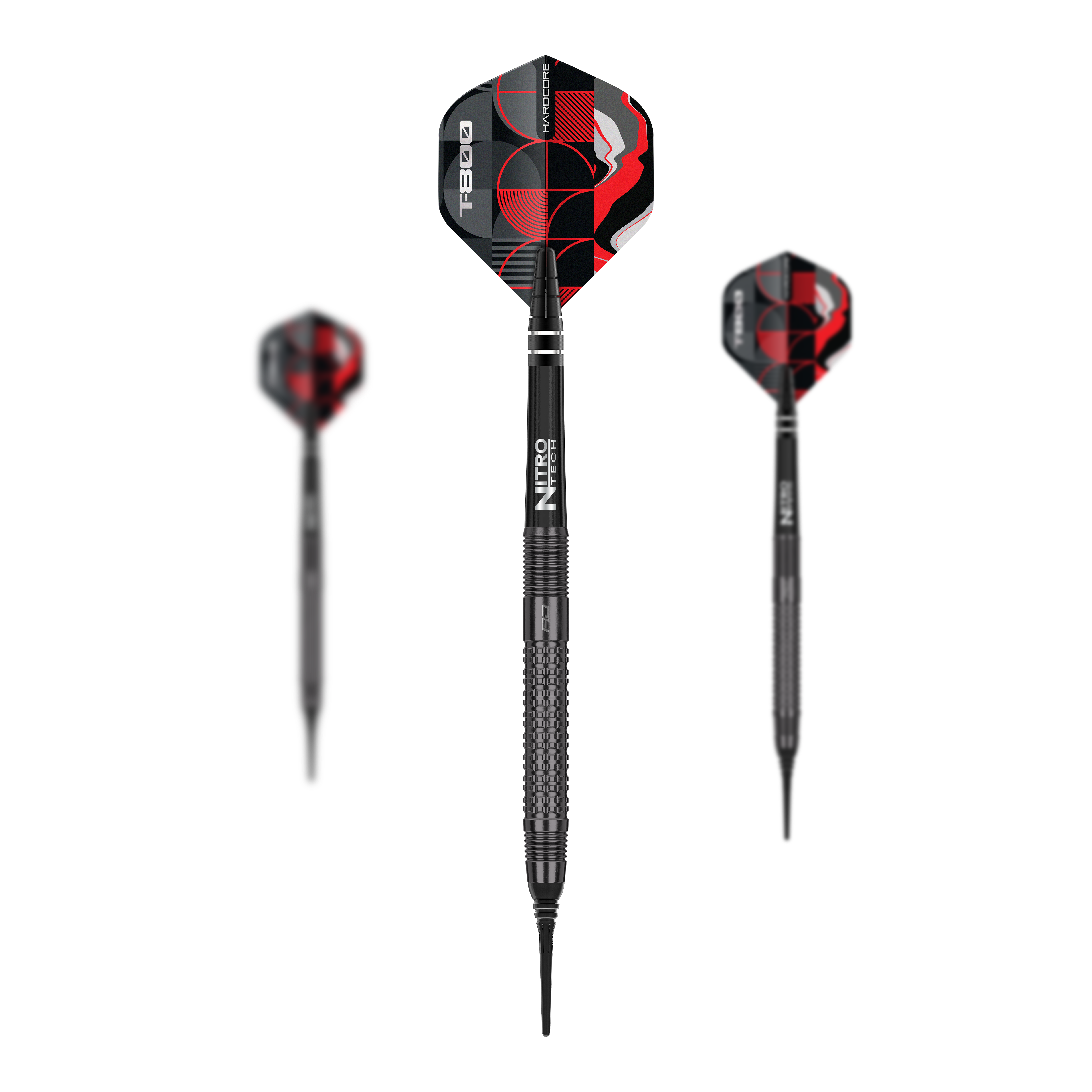 Dardos blandos Red Dragon T-800 - 20 g Das Bild zeigt drei Softdarts des Modells „Red Dragon T-800“ mit einem Gewicht von 20g. Die Flights sind schwarz-rot gemustert und auf dem Schaft steht „Nitro“.