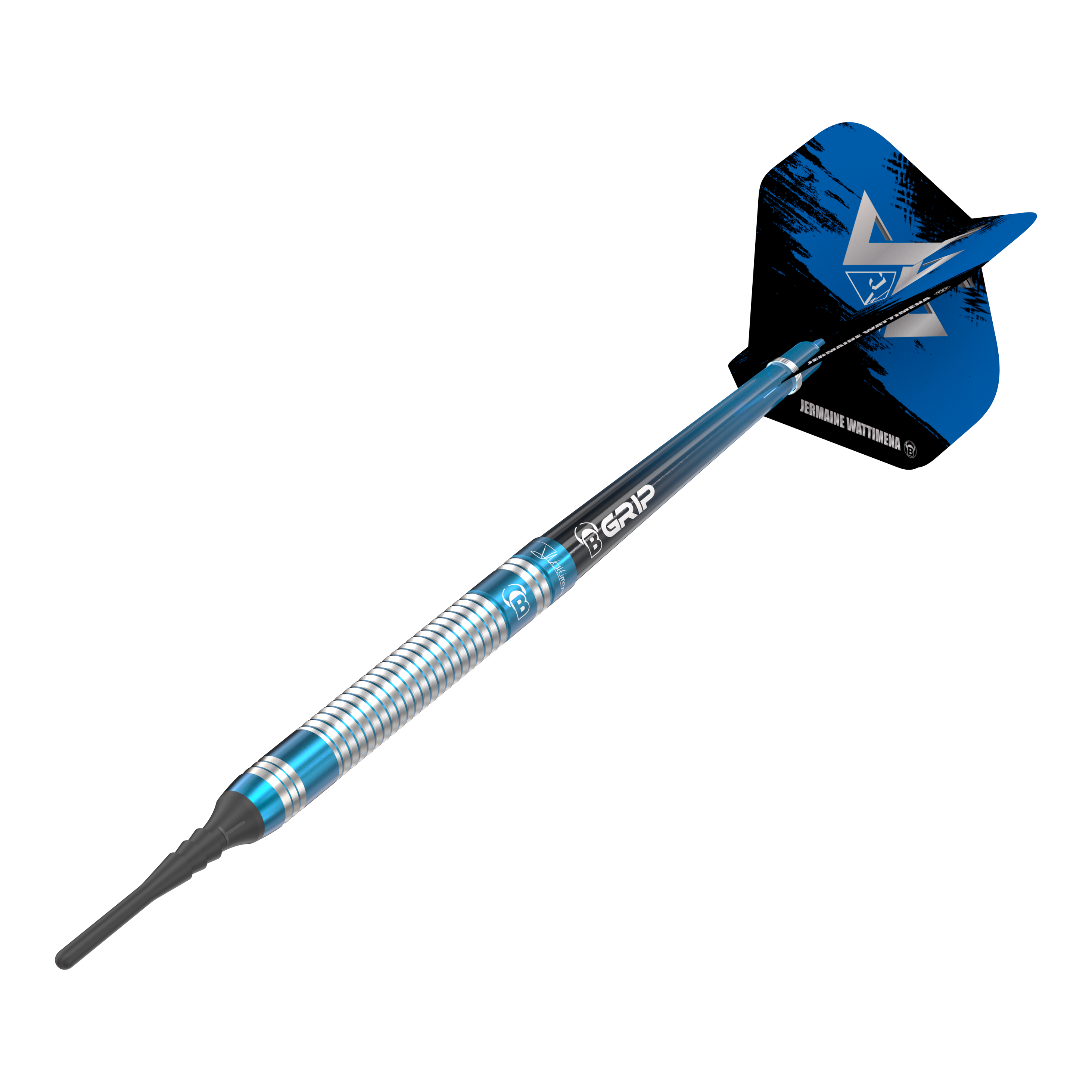 Dardos blandos Bulls Jermaine Wattimena Generation 3 - 20 g Das Bild zeigt einen Bulls Jermaine Wattimena Generation 3 Softdart mit einem Gewicht von 20g. Der Dart hat ein silbernes und blaues Design mit schwarzem Flight.