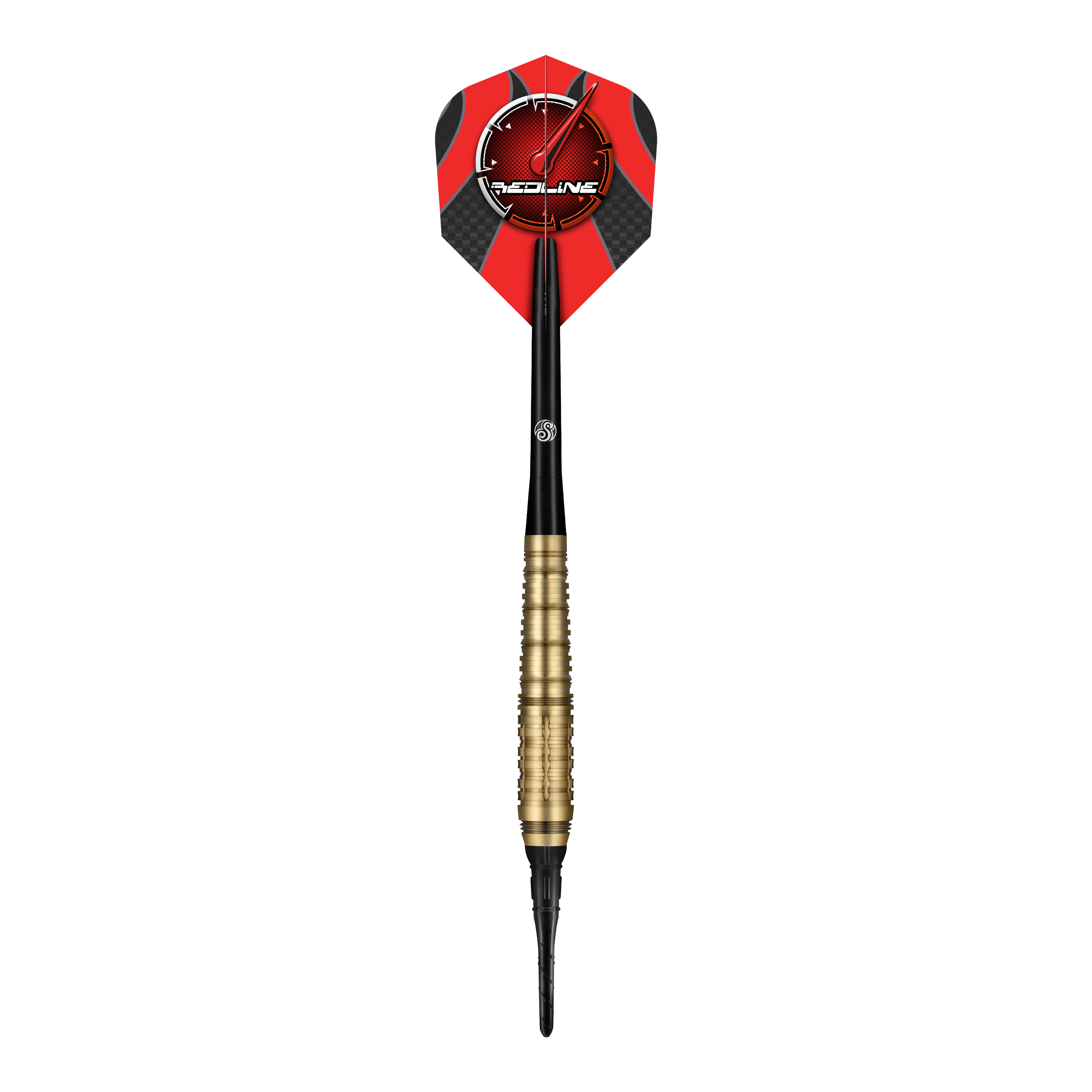Dardos blandos Shot Redline Mach 1 - 20 g Das Bild zeigt einen Shot Redline Mach 1 Softdart mit einem Gewicht von 20g. Der Dart hat einen goldenen Griffbereich, einen schwarzen Schaft und eine rote Flights mit dem Redline-Logo.