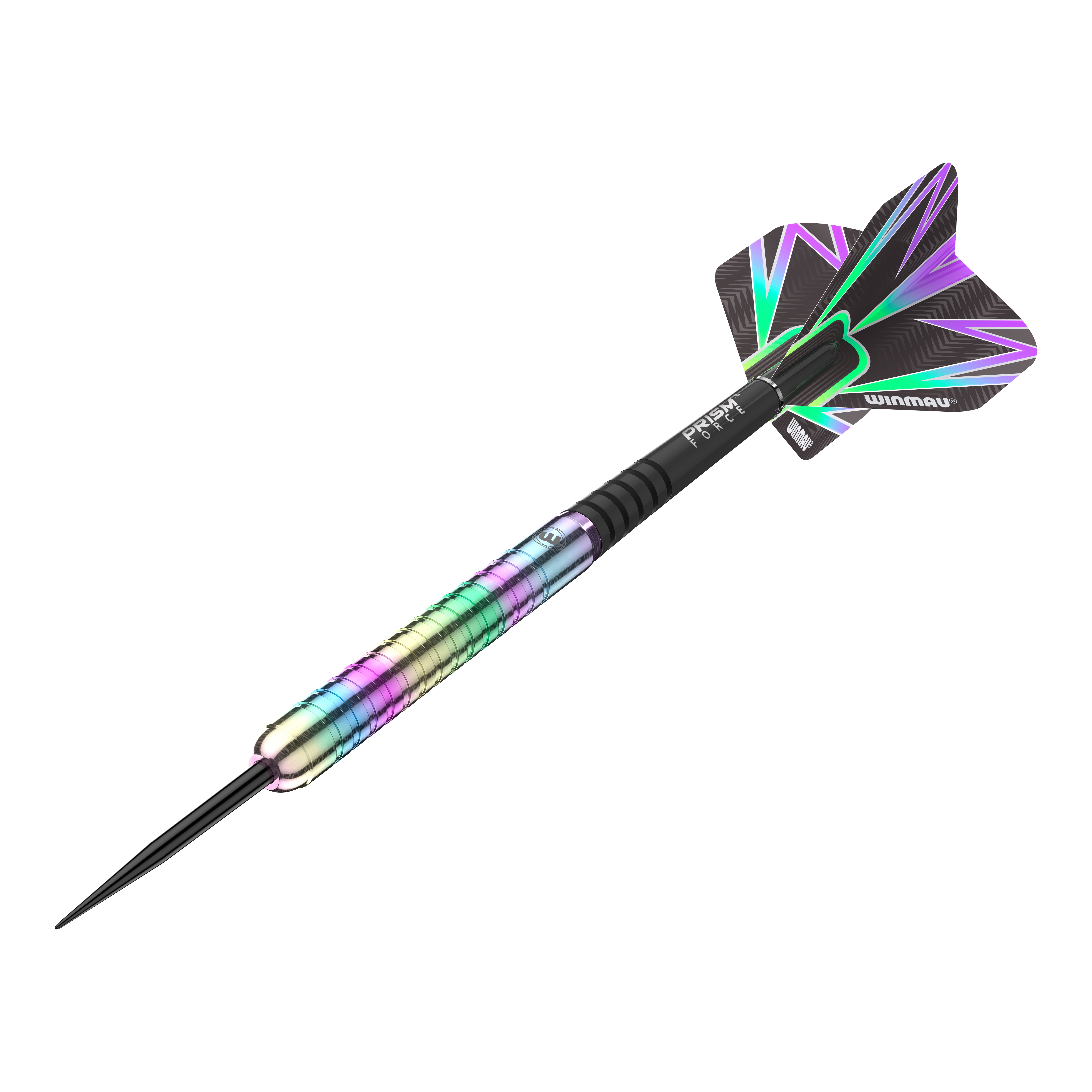 Dardos de acero Winmau Foxfire Urban Das Bild zeigt einen Winmau Foxfire Urban Steeldart mit einem bunten, metallischen Schaft. Die Flights sind schwarz mit auffälligen, farbigen Mustern.