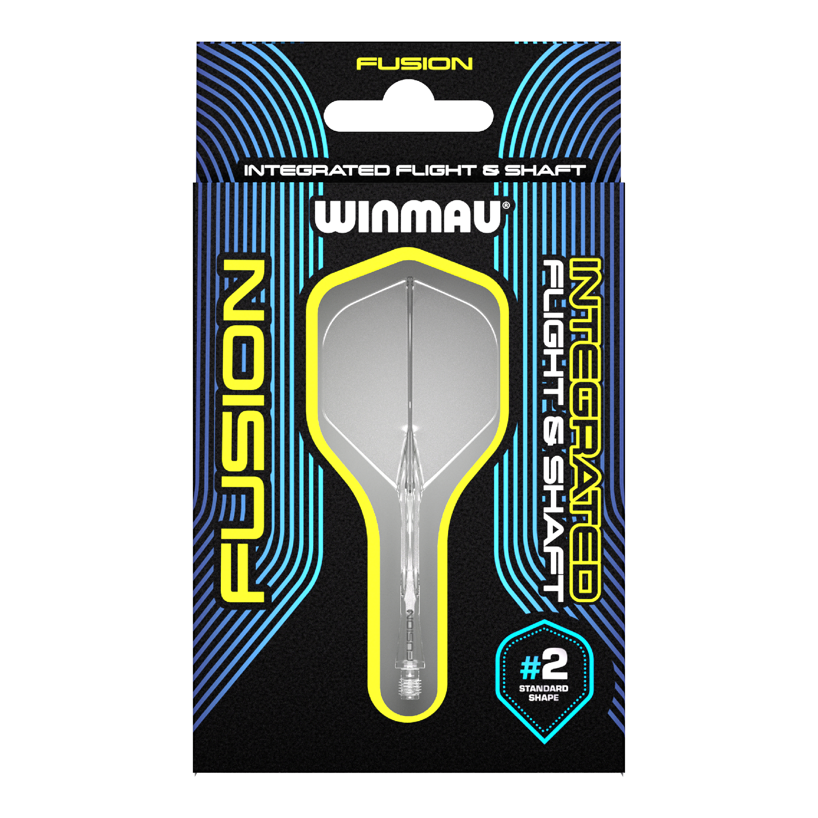 Sistema de eje de vuelo Winmau Fusion estándar transparente Auf dem Bild ist ein Winmau Fusion Flight & Shaft System in einer Verpackung zu sehen. Das Produkt ist durchsichtig und hat die Standardform #2.