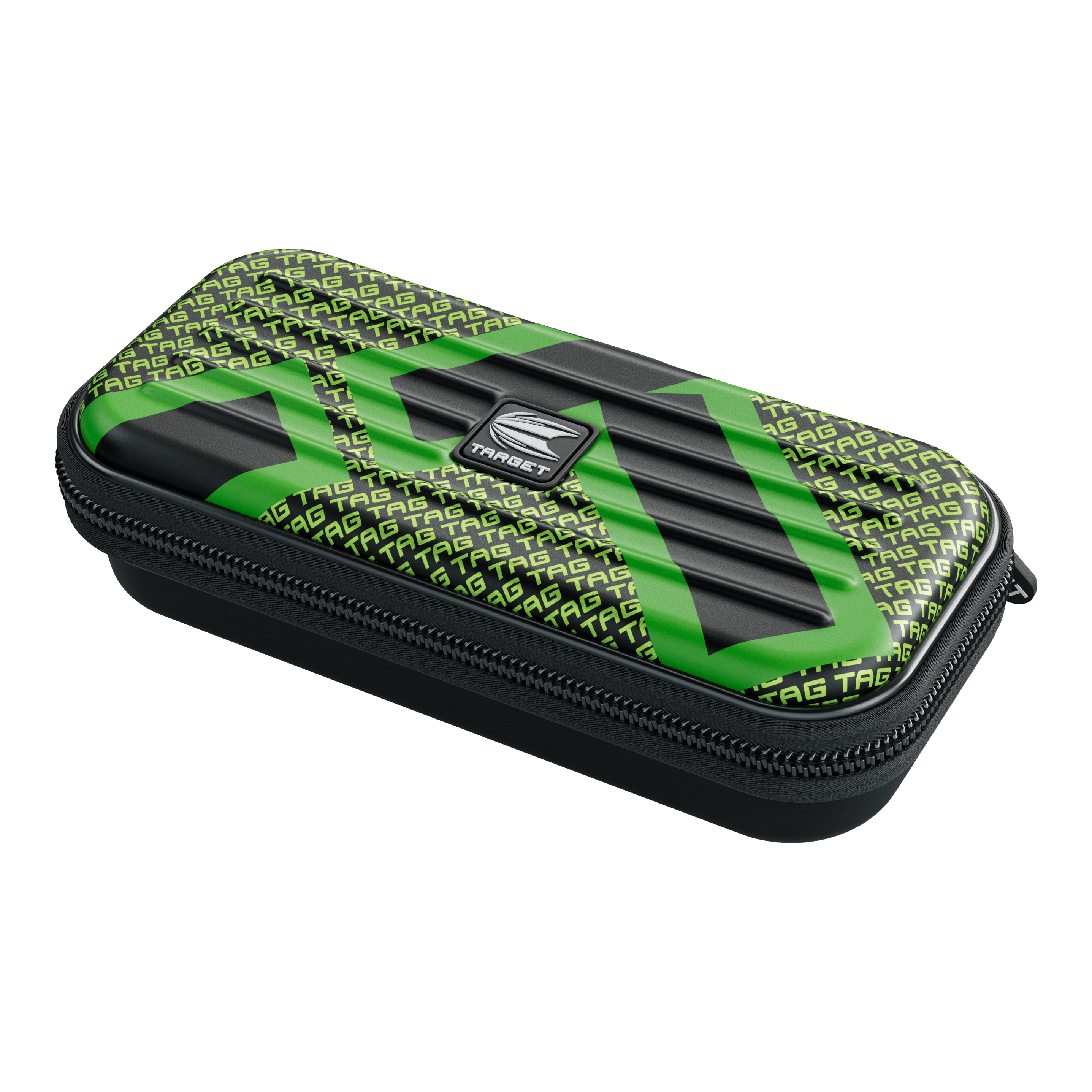 Estuche para dardos Target Takoma TAG Das Bild zeigt ein rechteckiges Etui mit Reißverschluss, das vorwiegend schwarz und grün ist. Auf dem Etui steht mehrfach das Wort "TAG" und in der Mitte befindet sich ein silbernes "TARGET"-Logo.