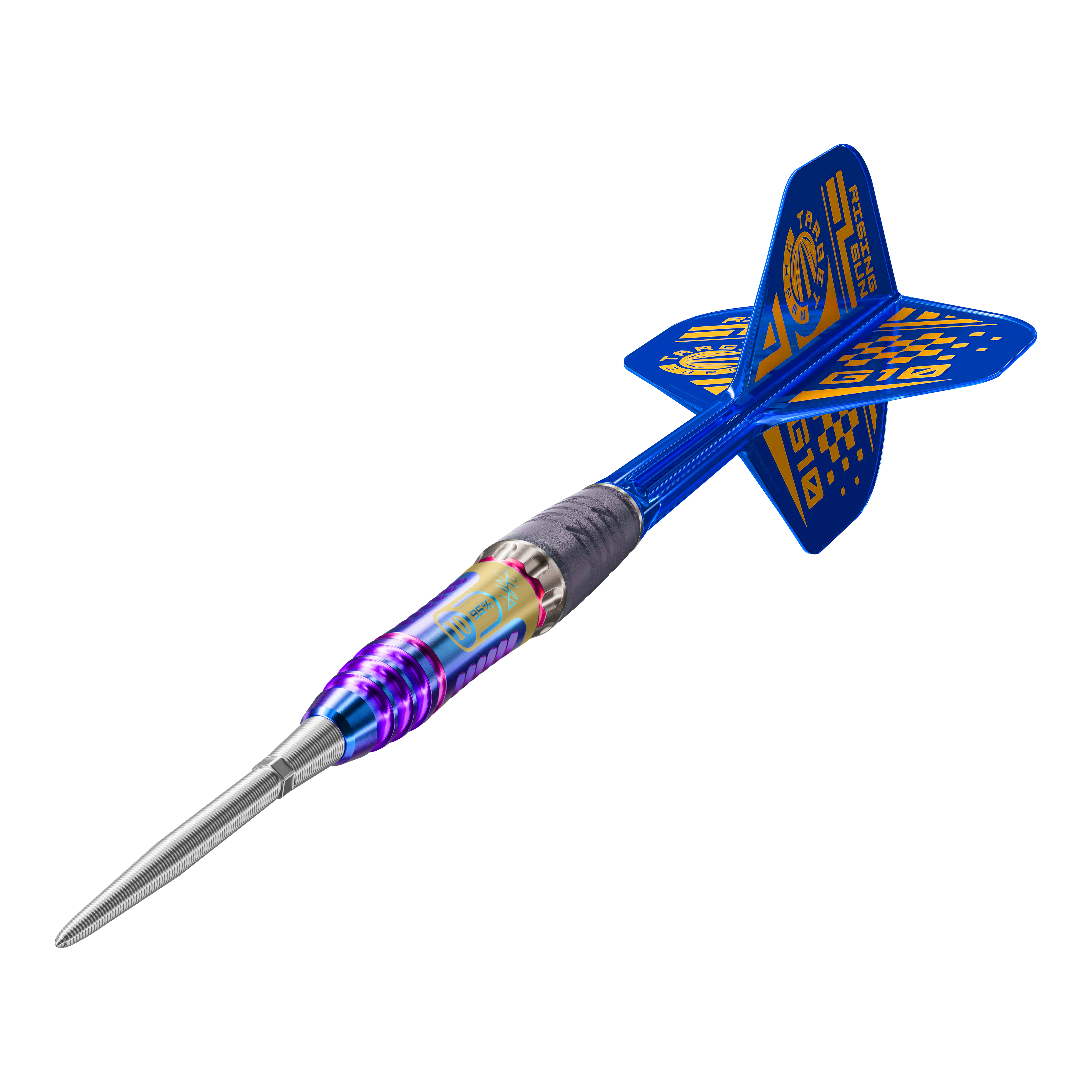 Dardos de acero Target Japan Rising Sun GEN10 Swiss Point Das Bild zeigt die Target Japan Rising Sun GEN10 Swiss Point Steeldarts. Die Details der Griff-Flächen und Akzente sind gut sichtbar.