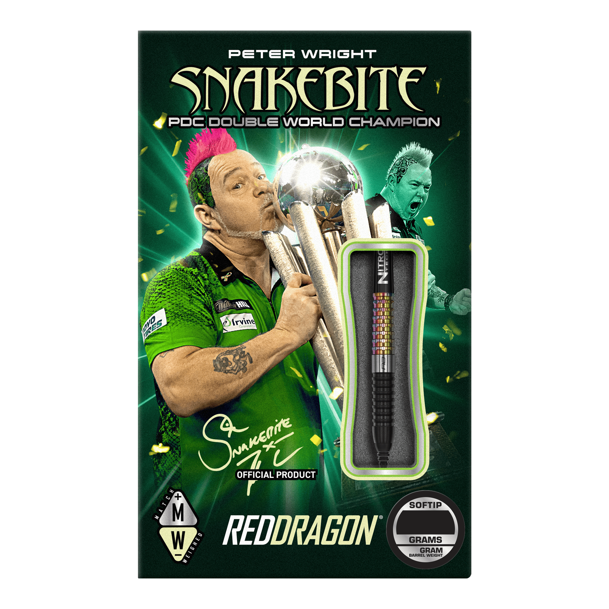 Dardos blandos Red Dragon Peter Wright Corra - 18 g Auf der Verpackung ist der Dartspieler Peter Wright mit einer Trophäe abgebildet. Das Produkt sind die "Red Dragon Peter Wright Corra Softdarts - 18g" mit Softspitze.
