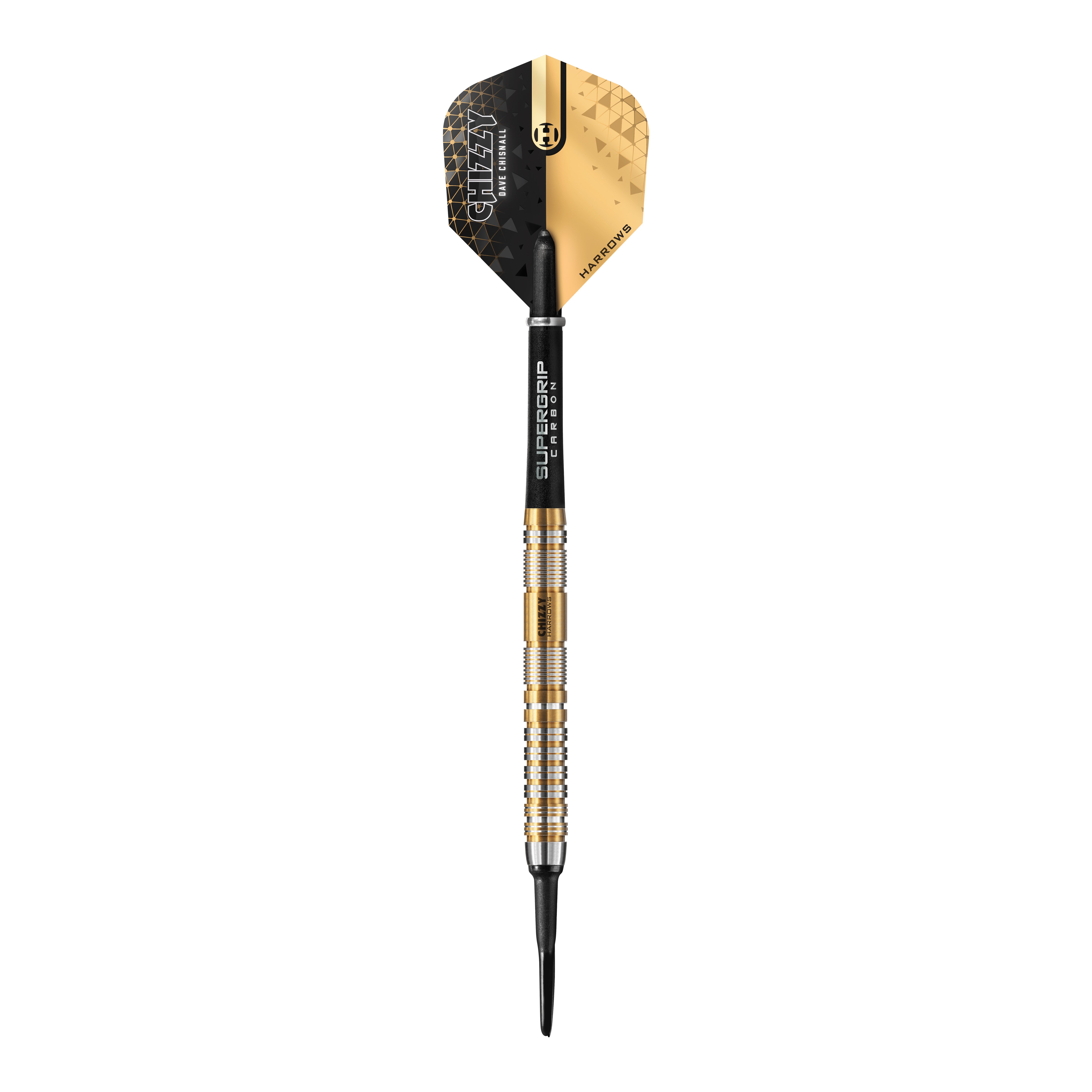 Dardos blandos Harrow's Dave Chisnall Chizzy Serie 2 Das Bild zeigt einen Harrows Dave Chisnall Chizzy Series 2 Softdart. Der Dart hat ein modernes schwarzes und goldenes Design mit silbernen und goldenen Ringen am Barrel.