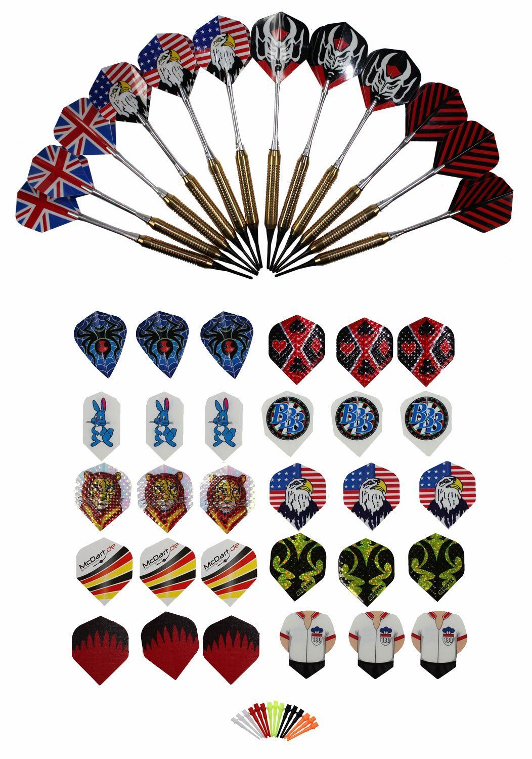 ama_soft521b23de42a1c Das Bild zeigt ein Set aus 12 Messing-Darts mit verschiedenen Flights. Zusätzlich sind 30 bunte Ersatz-Flights in unterschiedlichen Designs abgebildet.