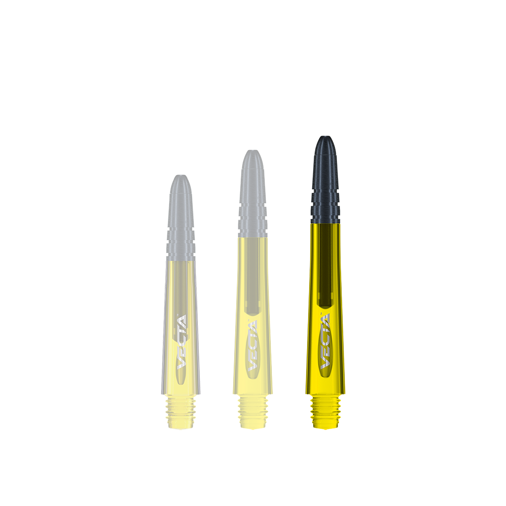 7025-206_Winmau_Vecta_Shafts_Gelb_40mm_1HA6l3pO4BnPaD Das Bild zeigt drei gelbe Winmau Vecta Shafts für Darts. Die Schäfte haben schwarze Spitzen und sind unterschiedlich lang.