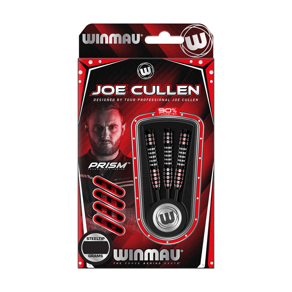1483_Winmau_Joe_Cullen_Ignition_Series_Steeldarts_3 Auf dem Bild ist eine Verpackung für Winmau Joe Cullen Ignition Series Steeldarts zu sehen. Die Packung enthält drei Darts mit 90% Tungsten und ist rot-schwarz gestaltet.