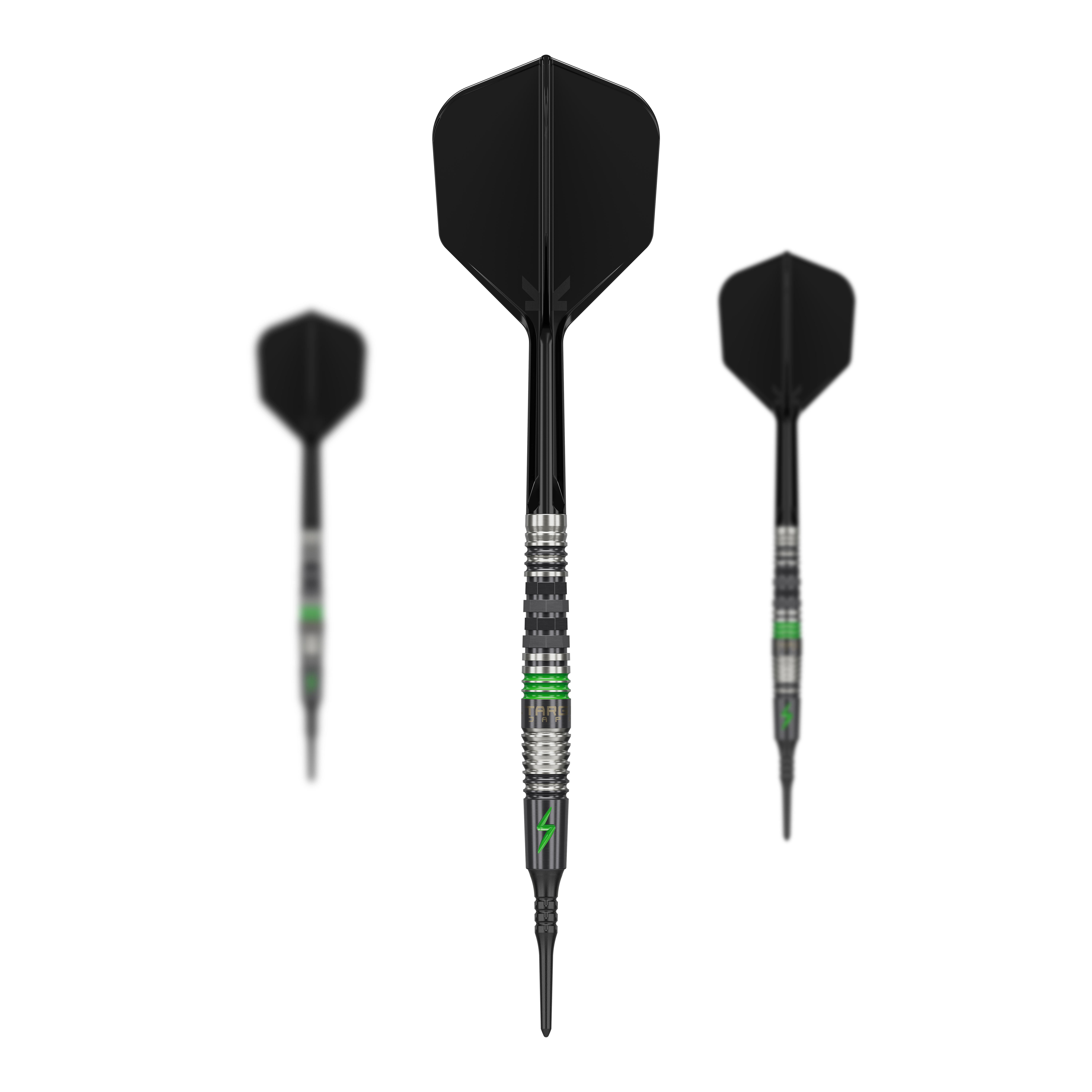Dardos blandos Target Japan Black Marque Lightning 3 - 19 g Das Bild zeigt drei Softdarts des Modells "Target Japan Black Marque Lightning 3" mit einem Gewicht von 19g. Die Darts sind schwarz-silbern mit grünen Akzenten gestaltet.