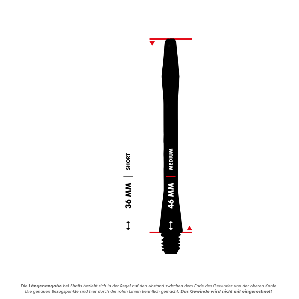 C642_Red_Dragon_Gerwyn_Price_V-Groove_Aluminium_Shafts_Blue_5_46mm Das Bild zeigt zwei verschiedene Längen von Dartshafts: 36 mm (kurz) und 46 mm (mittel). Die Längen werden jeweils zwischen den roten Linien gemessen, das Gewinde ist nicht mit einberechnet.
