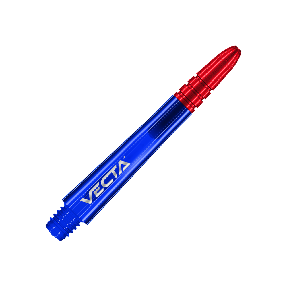 Flechas Winmau Vecta - Azul Rojo Das Bild zeigt einen Dart-Schaft in den Farben Blau und Rot. Auf dem blauen Teil steht das Wort "VECTA".