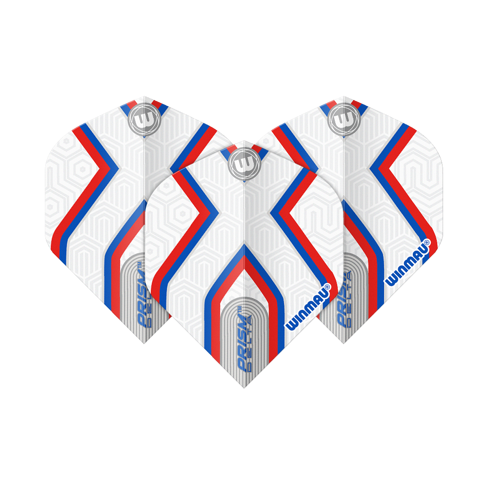 Vuelos estándar Winmau Prism Delta Epix No2 Das Bild zeigt drei Dartflights des Produkts "Winmau Prism Delta Epix No2 Standard Flights". Die Flights sind weiß mit roten und blauen Streifen sowie geometrischem Muster gestaltet.