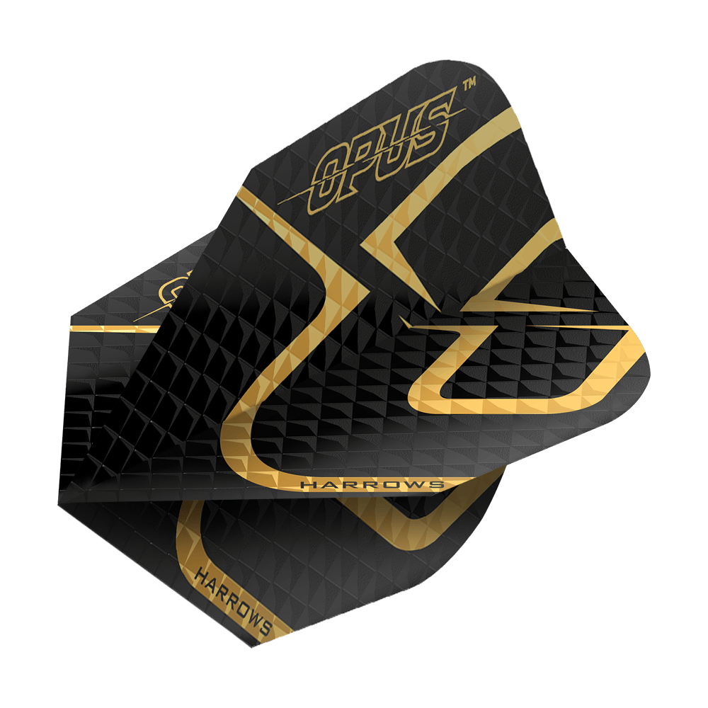 Vuelos de Harrow's Opus versión 2 Das Bild zeigt das Produkt "Harrows Opus Version 2 Flights". Die Flights sind überwiegend schwarz mit goldenen Akzenten und Aufschrift.