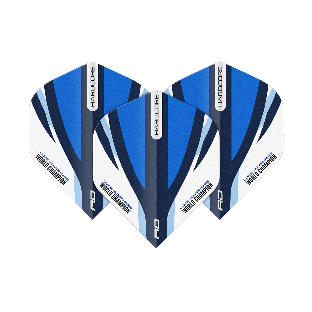Vuelos estándar Red Dragon Hardcore Luke Humphries Azul Blanco Das Bild zeigt drei Dartflights in Blau, Weiß und Schwarz mit der Aufschrift „HARDCORE“ und „Luke Humphries World Champion“. Es handelt sich um das Produkt „Red Dragon Hardcore Luke Humphries Blue White Standard Flights“.