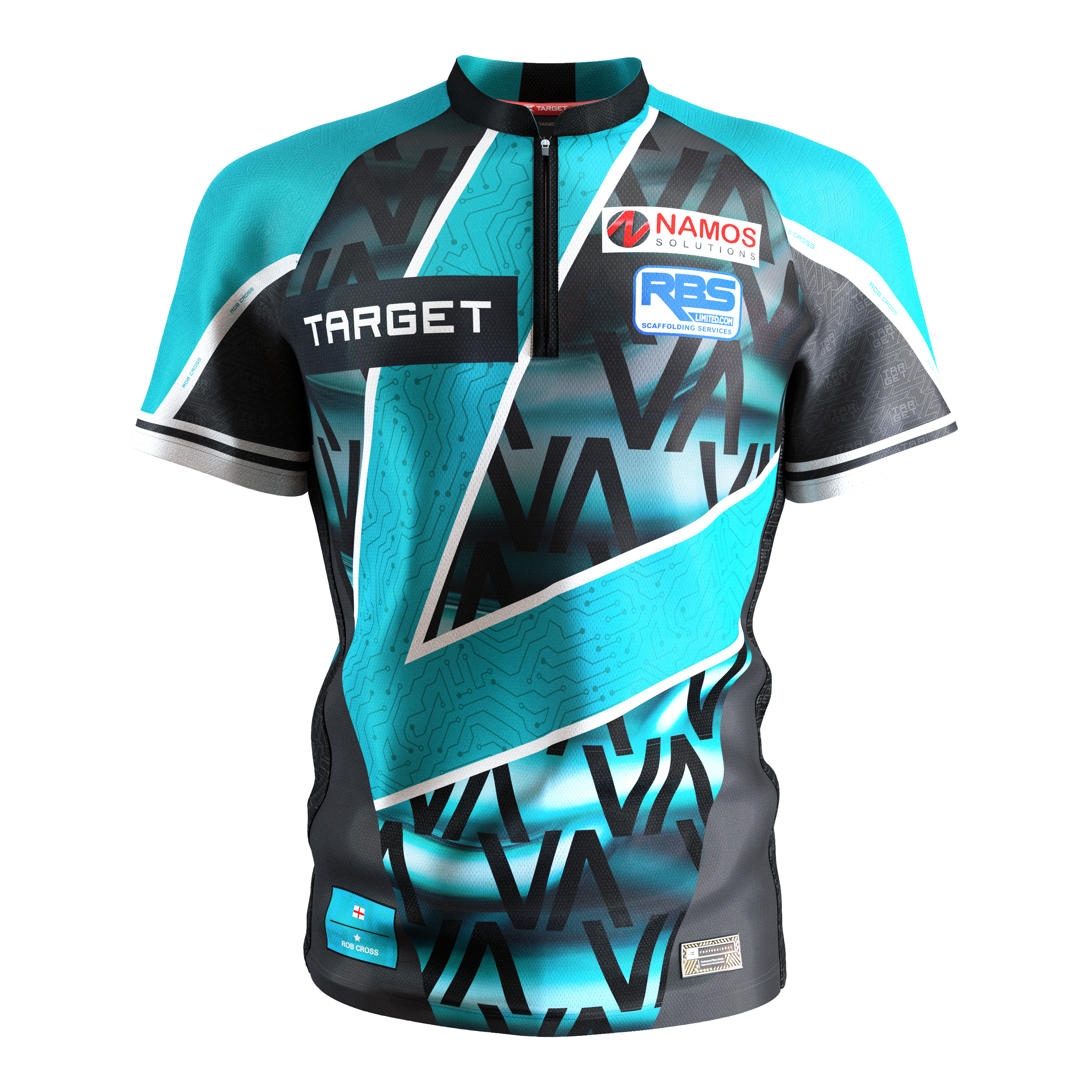 Camiseta de dardos Target Coolplay Rob Cross 2025 Dies ist das Target Coolplay Rob Cross 2025 Dartshirt. Das Shirt hat ein modernes Design in Türkis, Schwarz und Weiß mit mehreren Sponsorenlogos auf der Vorderseite.