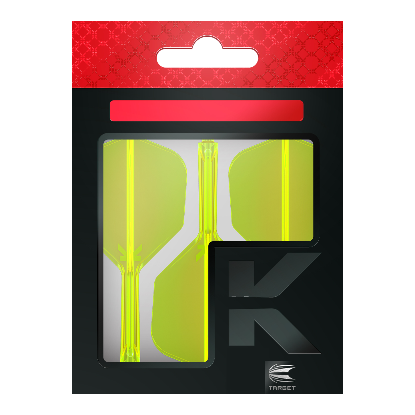 Sistema de vuelo Target K-Flex No6 - Amarillo neón Die Abbildung zeigt eine Verpackung mit neon-gelben Dartflights. Die Verpackung ist überwiegend schwarz mit einem roten Bereich oben und dem Logo „TARGET“ unten rechts.
