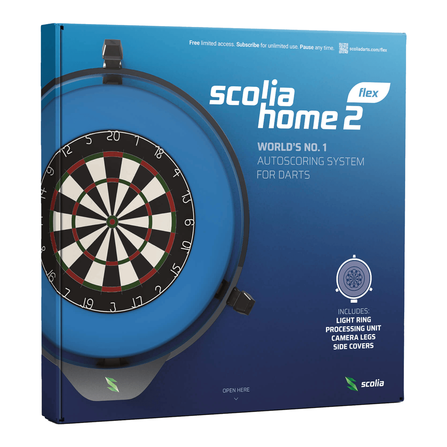 Scolia Home 2 FLEX - Sistema electrónico de puntuación automática con anillo de iluminación 2026 Die Verpackung zeigt das Produkt "Scolia Home 2 FLEX", ein elektronisches Punktesystem für Darts mit Beleuchtungsring. Auf der Vorderseite sind eine Abbildung eines Dartboards und Informationen zu den enthaltenen Komponenten zu sehen.