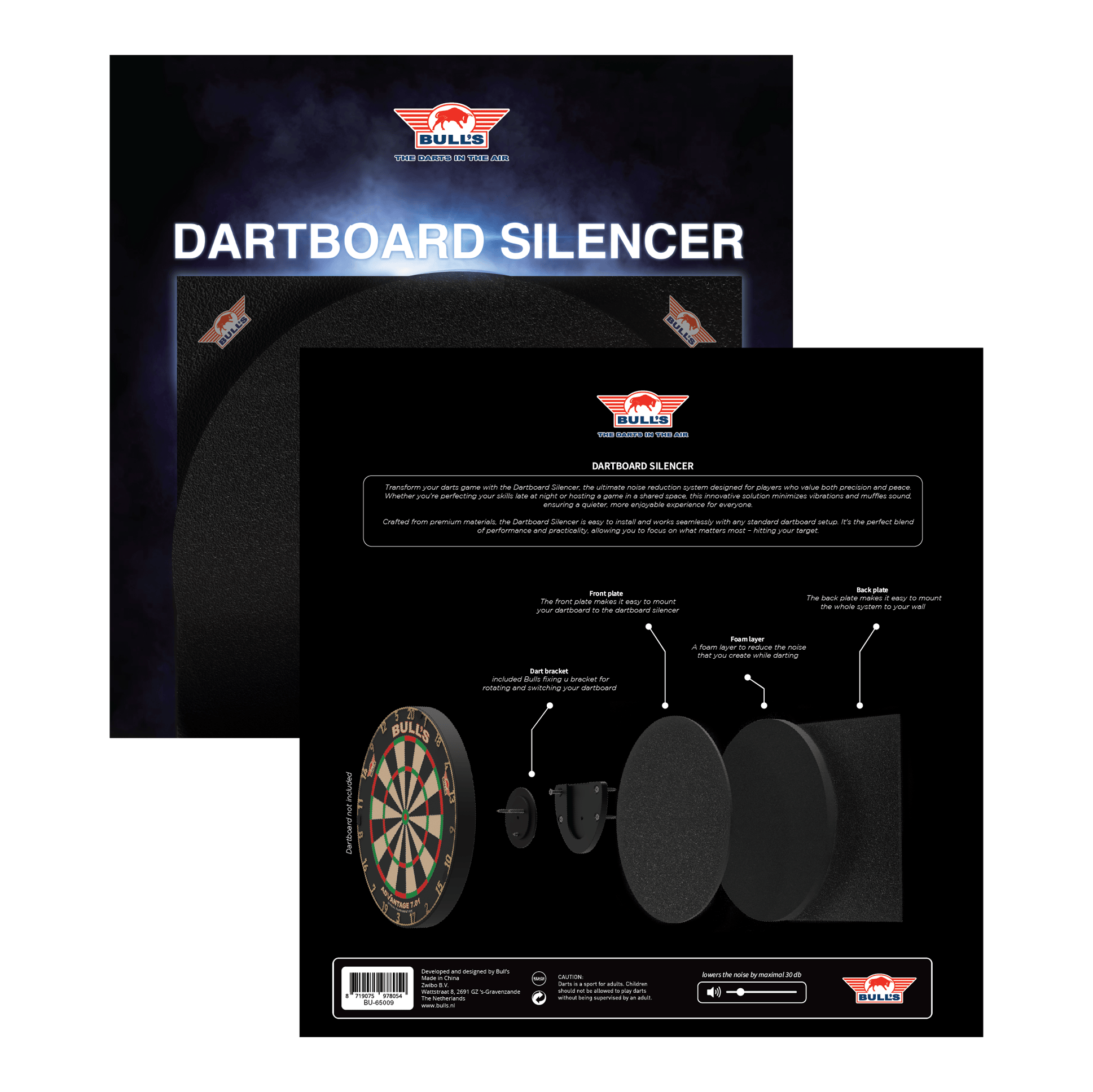Silenciador de diana Bulls NL Das Bild zeigt das Produkt "Bulls NL Dartboard Silencer" in seiner Verpackung. Auf der Rückseite ist eine Grafik abgebildet, die die einzelnen Komponenten und deren Funktionen erklärt.