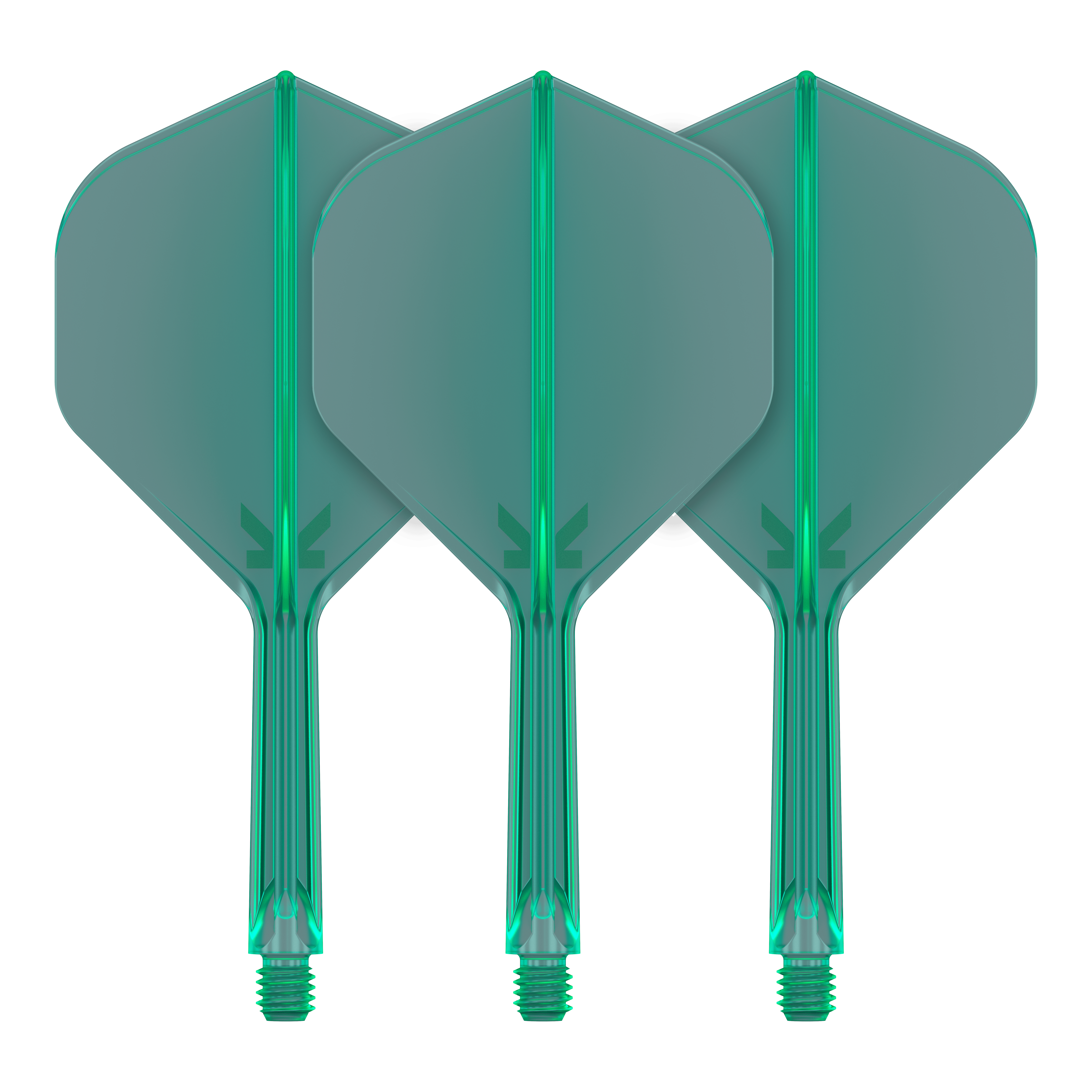 Sistema de vuelo estándar Target K-Flex No2 - Verde Das Bild zeigt drei grüne Dartflights mit angebauten Schäften. Sie sind gleichmäßig angeordnet und weisen ein schlichtes, modernes Design auf.