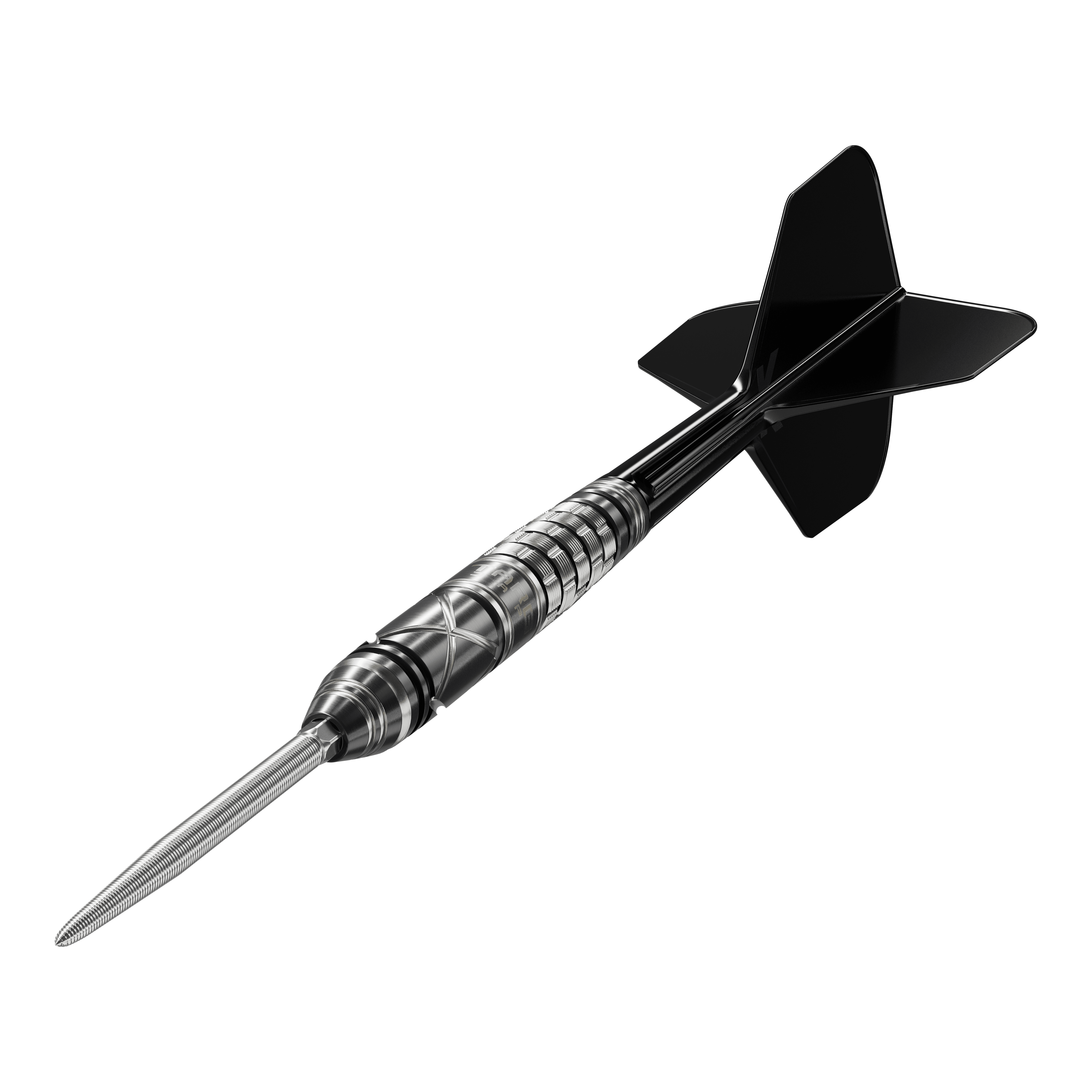 Dardos de acero Target Japan Black Marque Chaos 2 SP Das Bild zeigt einen Target Japan Black Marque Chaos 2 SP Steeldart. Der Dart hat ein elegantes, schwarzes Design mit präzisen Rillen am Griff.