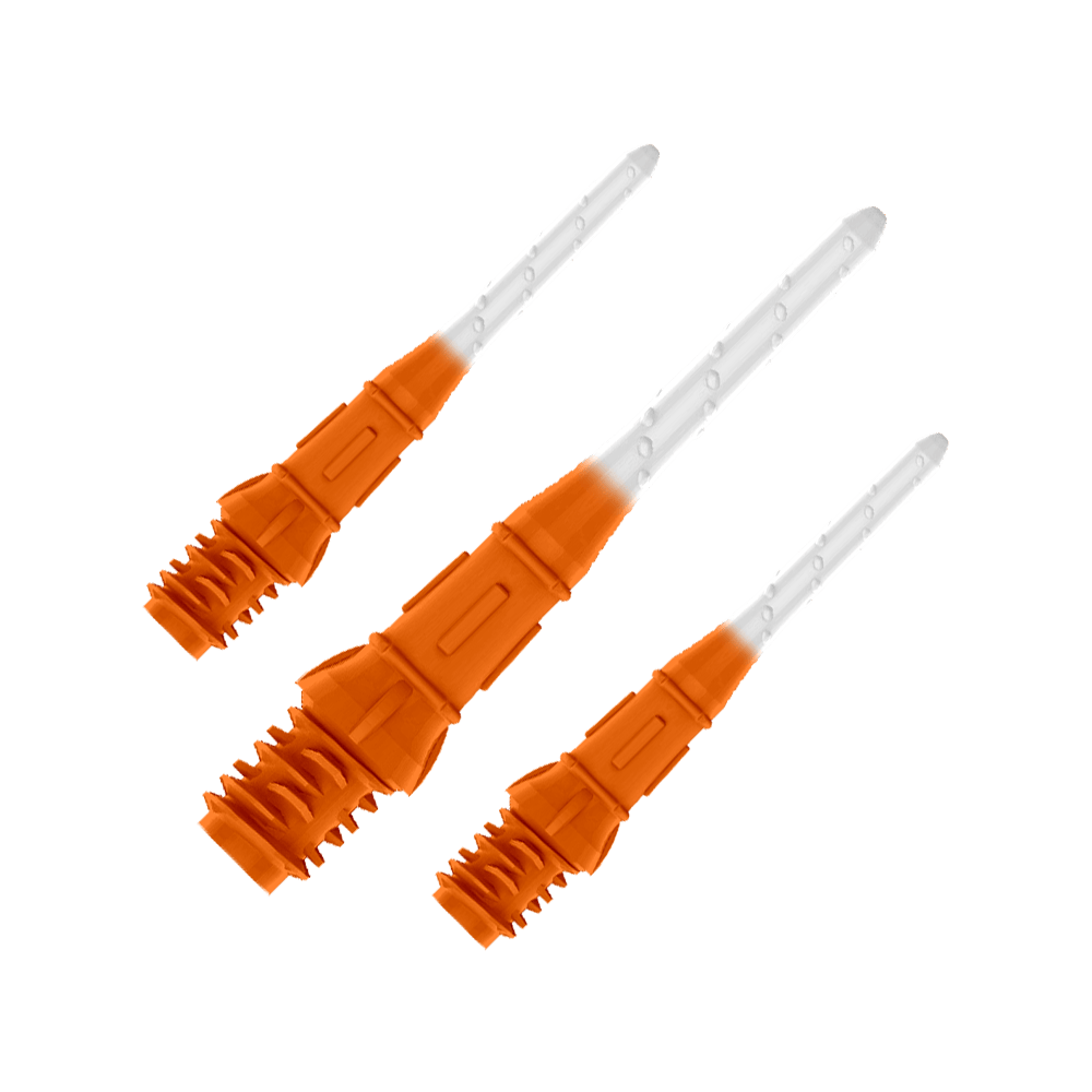 Labios de punta bicolor premium estilo L (paquete de 30) Das Bild zeigt drei orange-weiße Dartspitzen in einer Reihe. Die Spitzen sind zum Teil orange und werden nach vorne hin durchsichtig.
