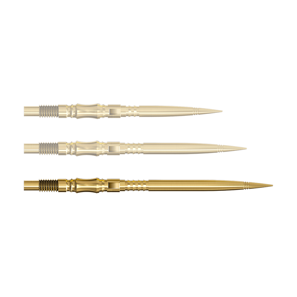 Puntas de dardo Harrows Quick Point Axis Elite Series - Oro Eine einzelne Dartspitze in Gold ist von nahe gezeigt. Die Spitze ist nach rechts ausgerichtet.