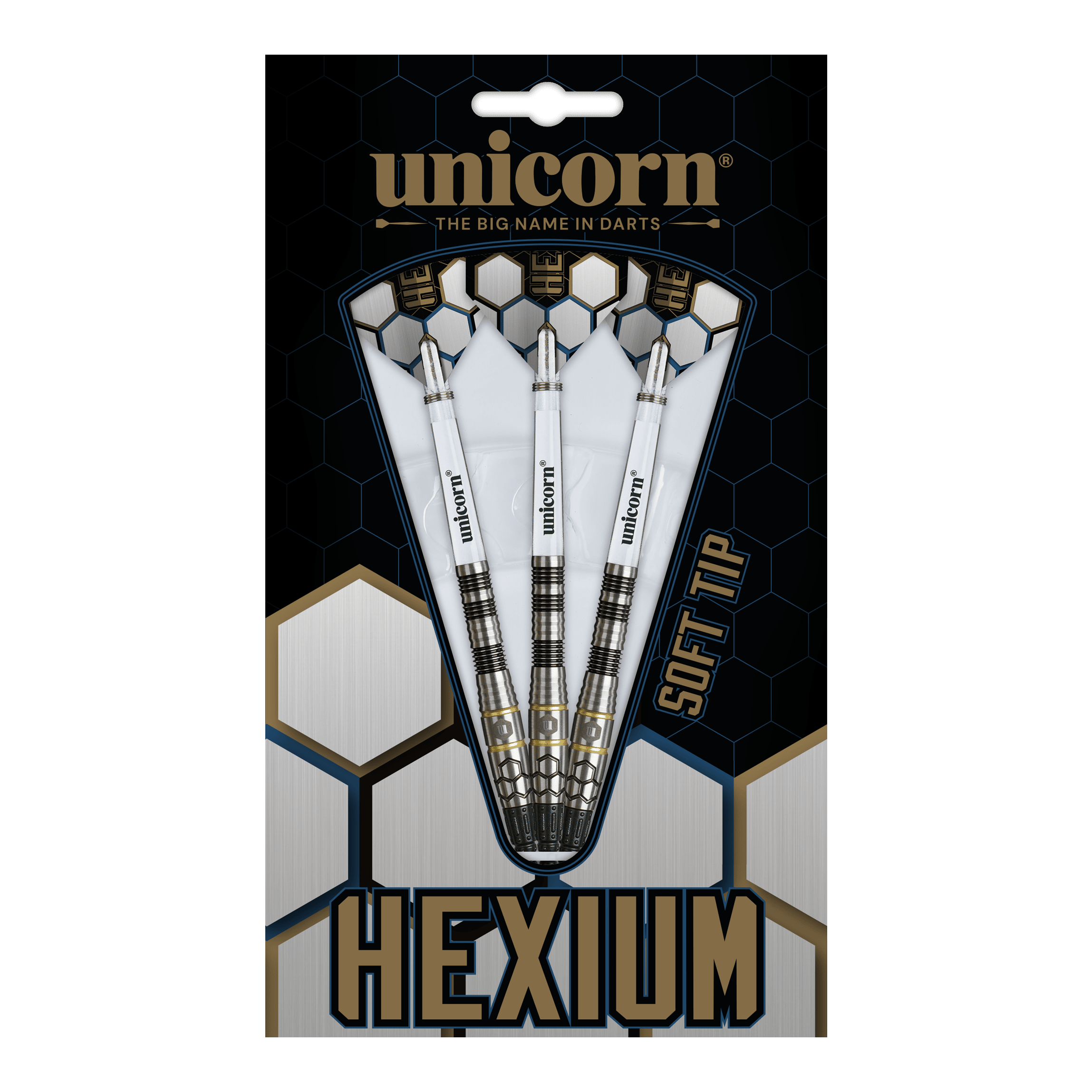 Dardos blandos Unicorn Hexium Style 01 negros y dorados - 22 g Abgebildet sind Unicorn Hexium Style 01 Black & Gold Softdarts mit 22 Gramm. Diese Softdarts haben ein auffälliges Schwarz-Gold-Design.