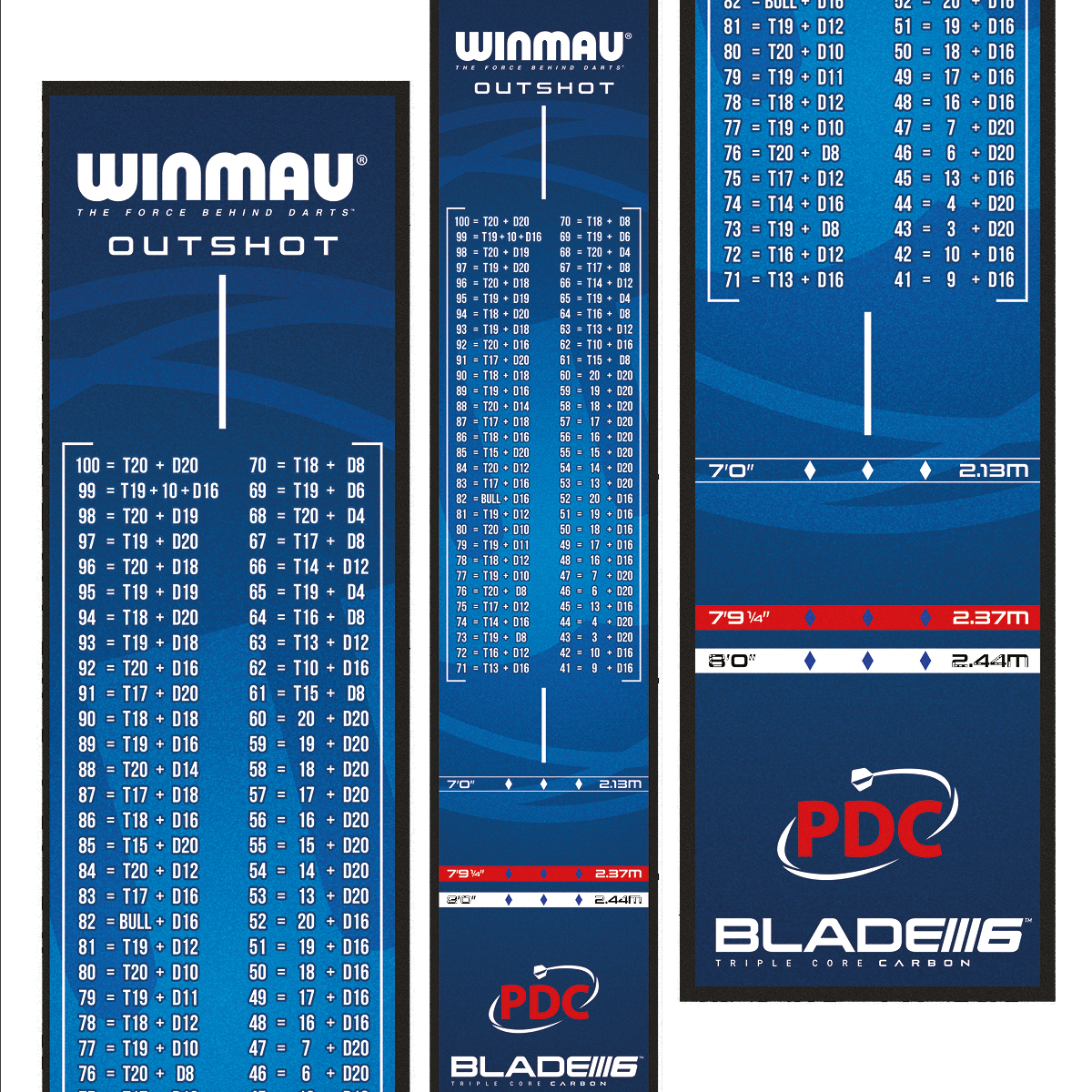 Tapete de dardos Winmau Outshot Das Bild zeigt die Winmau Outshot Dartmatte 2024 in Blau mit Tabellen für Checkout-Werte beim Dartspiel. Unten auf der Matte sind Markierungen für verschiedene Distanzen und das PDC-Logo zu sehen.