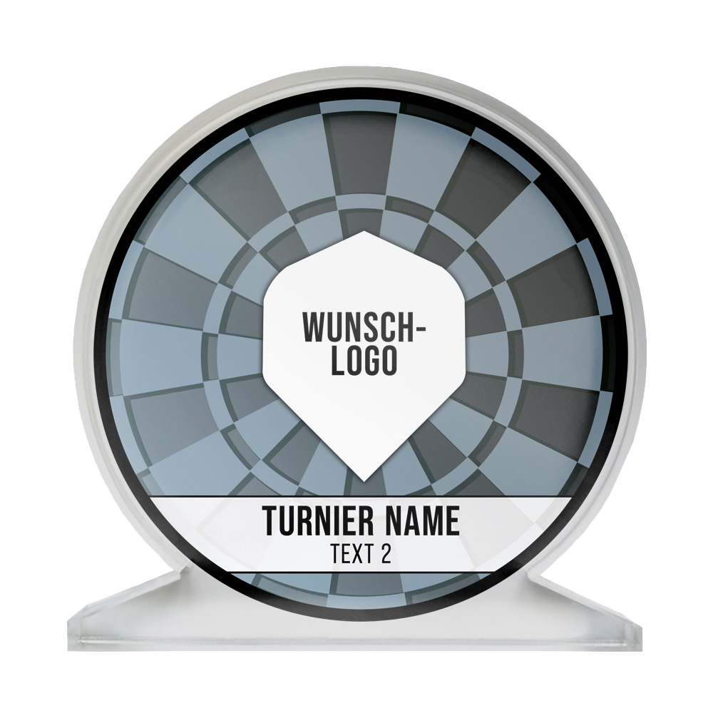 ACP-Schwarz_Acrylglas_Pokal_mit_Wunschdruck_Logo_Schwarz_1 Auf dem Bild ist ein runder Acrylglas-Pokal mit einem schwarz-grauen Dart-Design zu sehen. In der Mitte steht "WUNSCH-LOGO" und darunter "TURNIER NAME" sowie "TEXT 2".