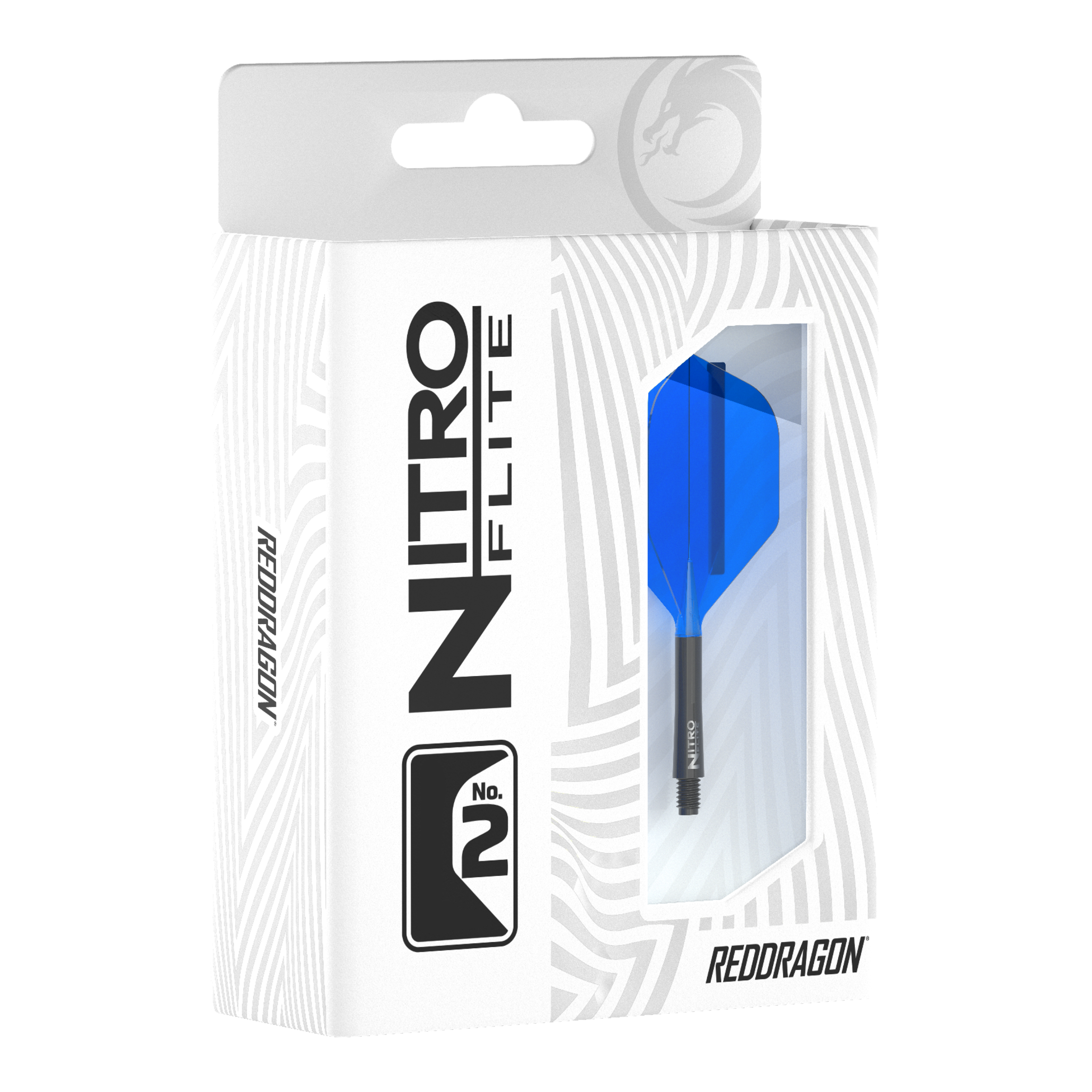 Plumas Red Dragon Nitroflite - Eje negro, color azul, n.° 2 Die Verpackung zeigt das Produkt "Red Dragon Nitroflite - Black Shaft Blue No2 Flights". Im Sichtfenster ist ein blauer Dart-Flügel mit schwarzem Schaft zu sehen.
