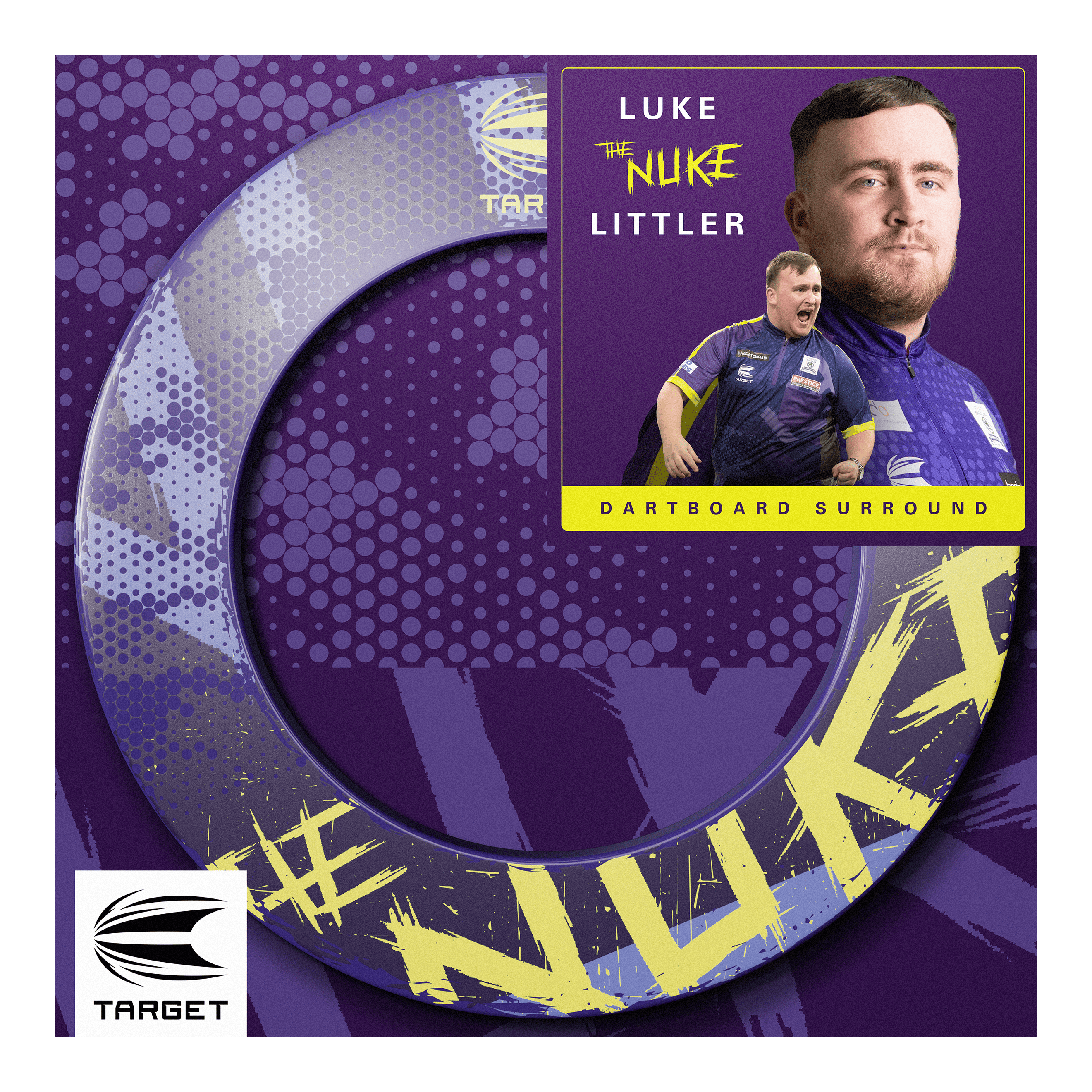 Target Luke Littler El tablero de dardos Nuke Surround Das Bild zeigt das Produkt "Target Luke Littler The Nuke Dartboard Surround" in lila und gelben Farben. Auf der Verpackung sind Fotos von Luke Littler sowie das Target-Logo abgebildet.
