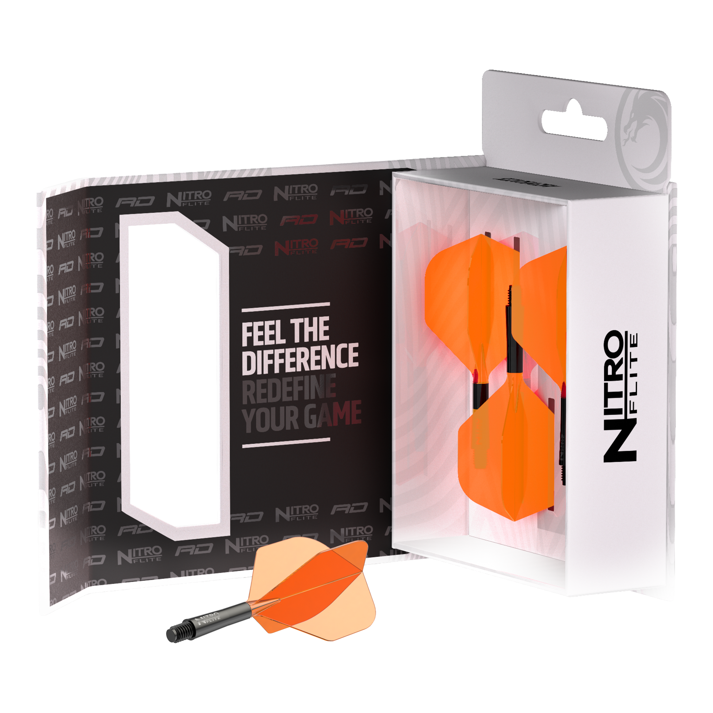 Red Dragon Nitroflite Eje negro Vuelos naranjas No2 Dieses Bild zeigt den Red Dragon Nitroflite Black Shaft Orange Flights No2. Der Dart-Schaft hat schwarze und orange Details.