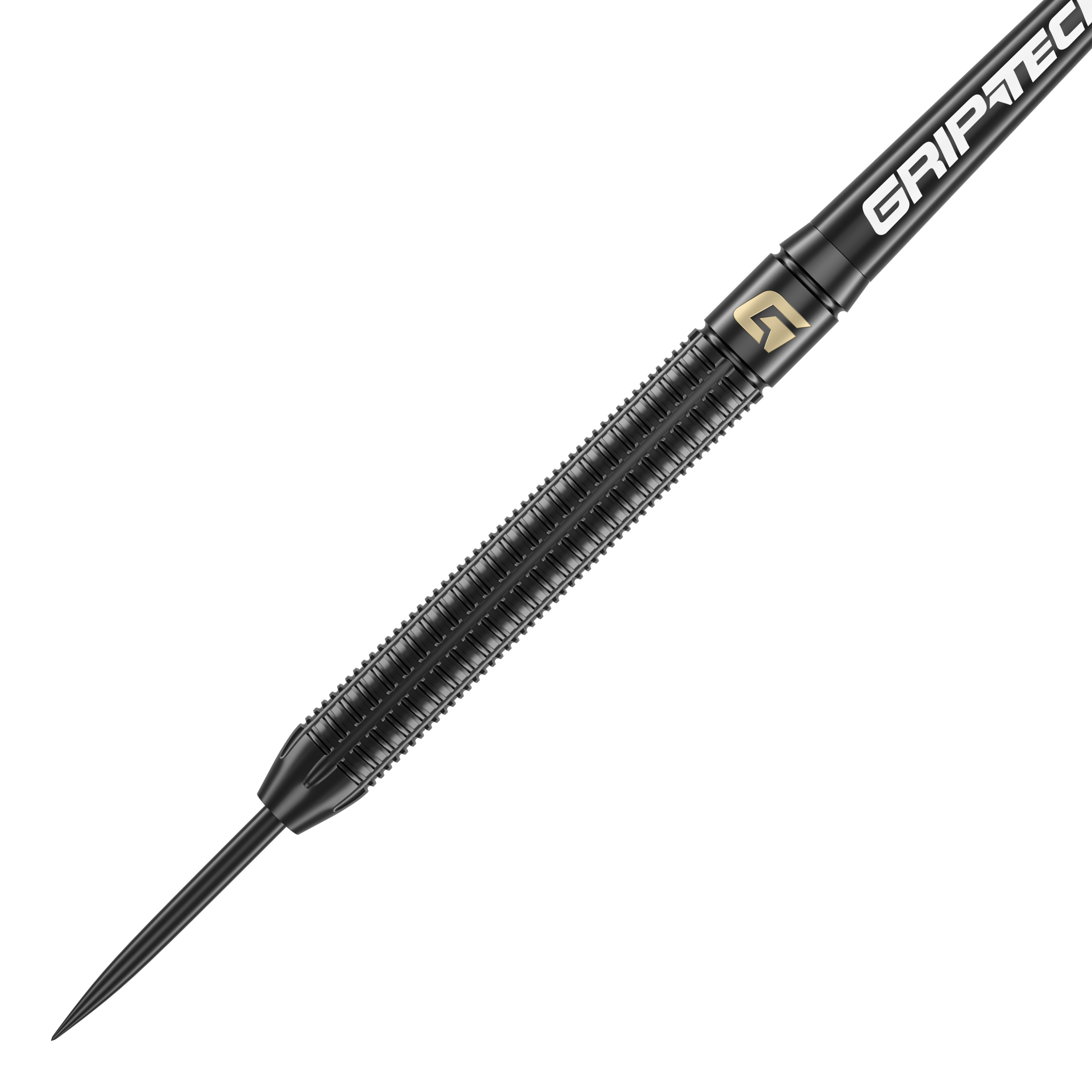 Dardos de acero GOAT Athlete de latón negro - 13 g Das Bild zeigt einen schwarzen Steeldart mit dem Namen "GOAT Athlete Black Brass Steeldarts - 13g". Der Dart hat eine geriffelte Oberfläche für besseren Halt und trägt den Schriftzug "GRIP-TEC".