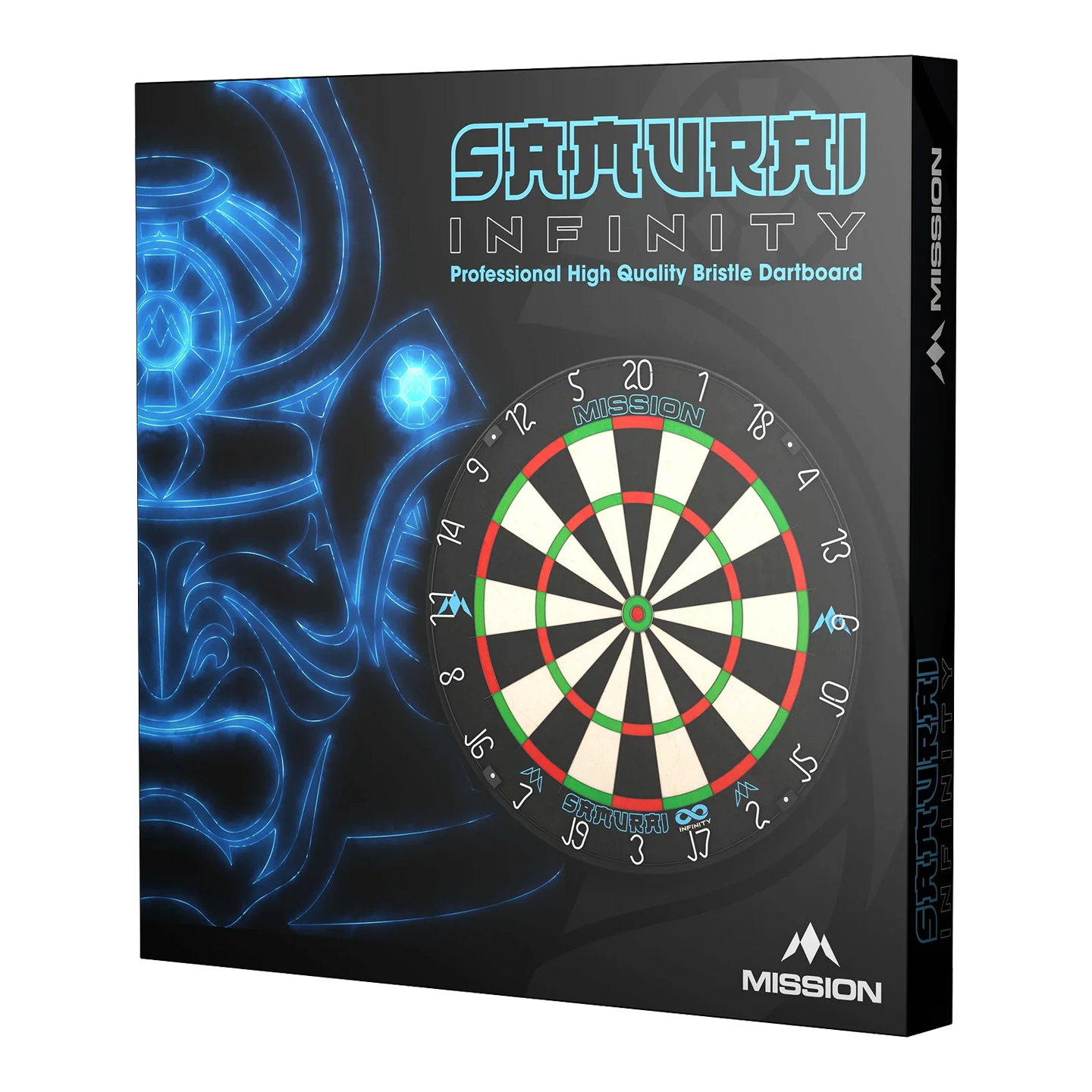 Diana de dardos de acero Mission Samurai Infinity Auf dem Bild ist die Verpackung des "Mission Samurai Infinity Steeldartboard" zu sehen. Die Box zeigt eine Abbildung eines Dartboards und ein leuchtendes Samurai-Motiv im Hintergrund.