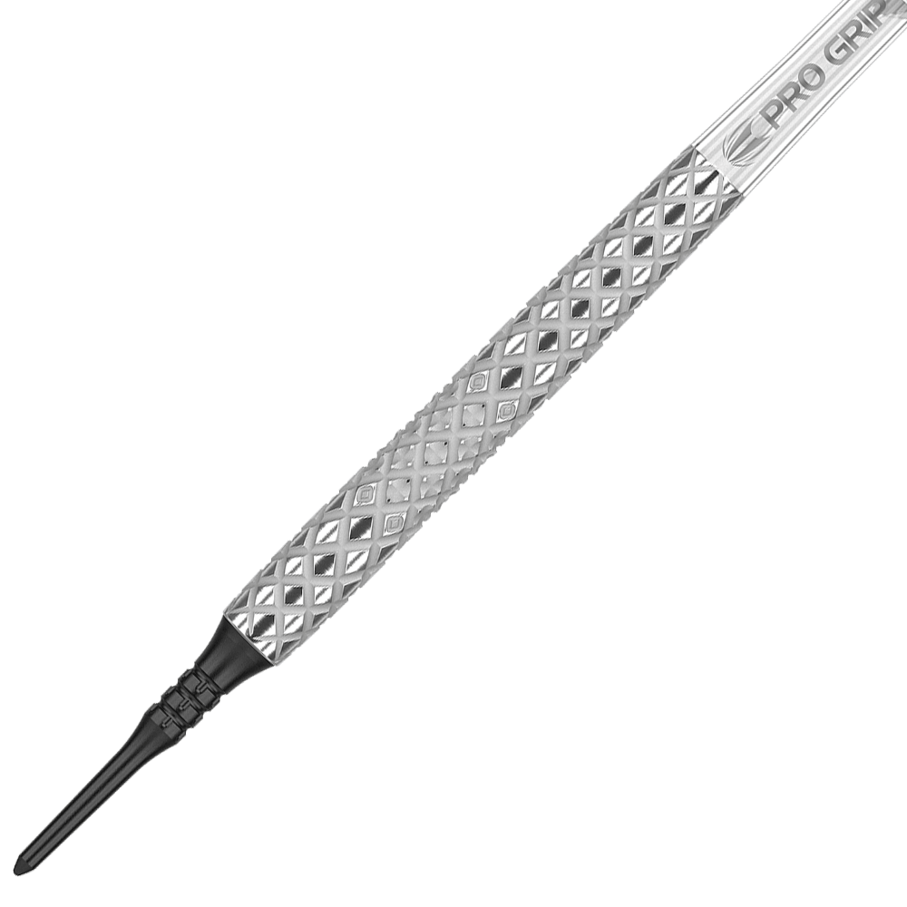 Dardos blandos Target Nastri 11 Das Bild zeigt einen Target Nastri 11 Softdart mit einer silbernen, rautenförmig gemusterten Griff-Fläche. Die Dartspitze ist schwarz und der Schaft trägt die Aufschrift "PRO GRIP".