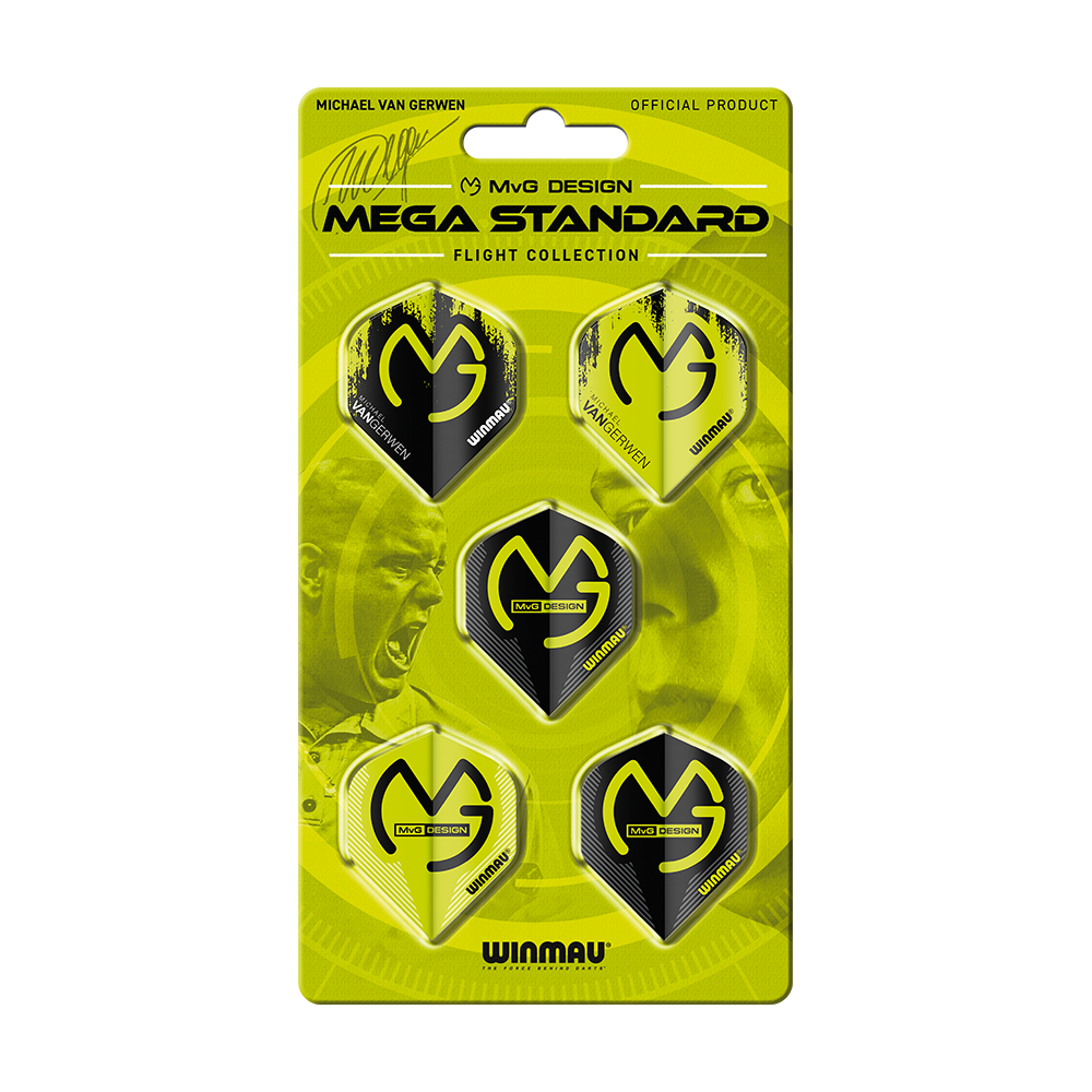 8121_Winmau_MvG_Mega_Flight_Collection_1 Das Bild zeigt das Produkt "Winmau MvG Mega Flight Collection" in einer gelb-schwarzen Verpackung. Es enthält fünf Dart-Flights mit dem MvG-Design.