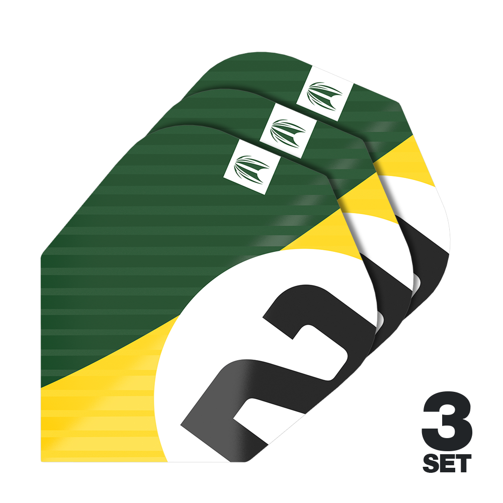 Plumas Target Pro Ultra Chicane Green No6 - 3 juegos Das Bild zeigt drei Sätze der Target Pro Ultra Chicane Green No6 Flights. Die Flights sind in den Farben Grün, Gelb, Weiß und Schwarz gestaltet.