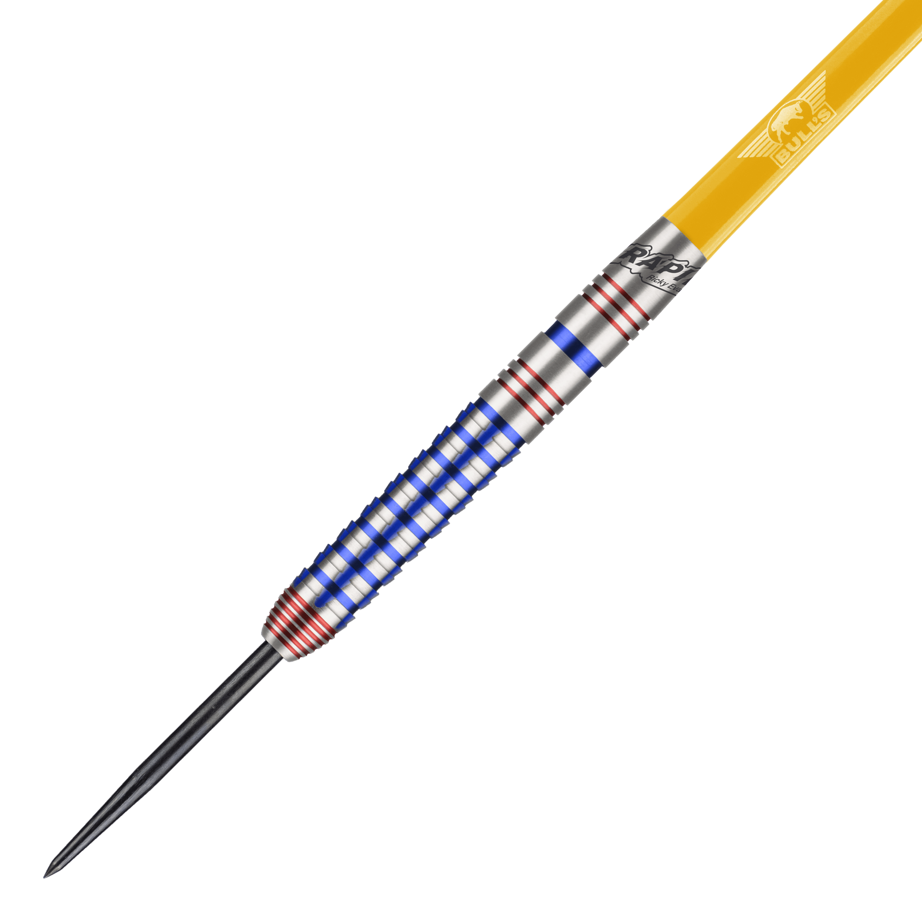 Dardos de acero Rapid Edition One de Ricky Evans de la Liga Nacional Bulls Das Bild zeigt einen Steeldartpfeil aus der Serie "Bulls NL Ricky Evans Rapid Edition One". Der Dart ist silbern mit blauen und roten Ringen und hat einen gelben Schaft.