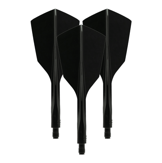Sistema de vuelo Condor Ax 120 Negro - Estrecho Das Bild zeigt drei schwarze, schmale Dartflights des Modells "Condor Axe 120 Flight-System". Sie sind nebeneinander mit der Spitze nach unten ausgerichtet.