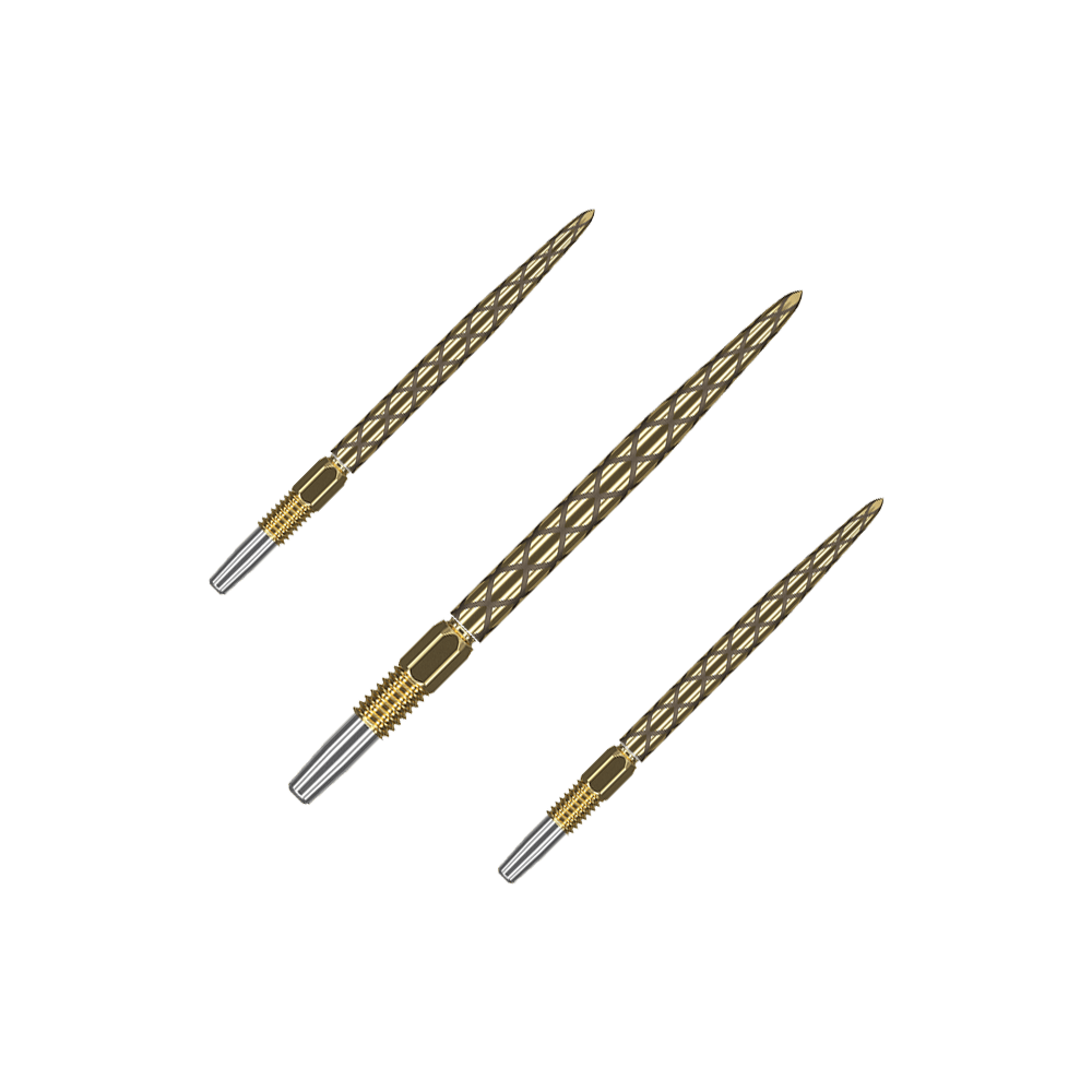 Puntas de dardos Target Swiss Diamond Pro Gold Goldene Dartspitzen mit matter Struktur liegen nebeneinander. Das Set ist auf einem hellen Hintergrund platziert.