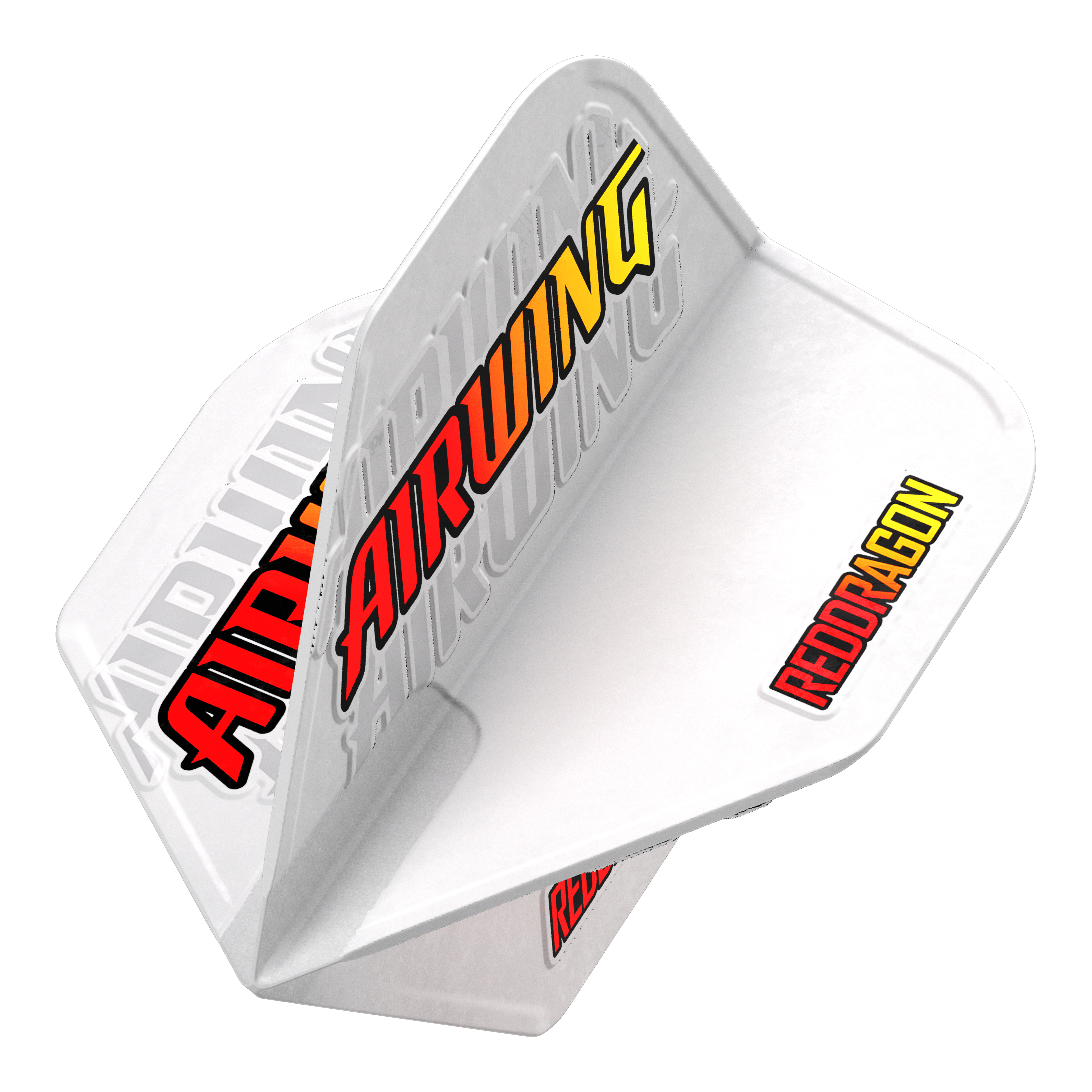 Vuelos estándar del Red Dragon Airwing Red Logo Das Bild zeigt das Produkt "Red Dragon Airwing Red Logo Standard Flights" für Darts. Die Flights sind weiß mit den auffälligen Schriftzügen "AIRWING" und "REDDRAGON" in rot und gelb.