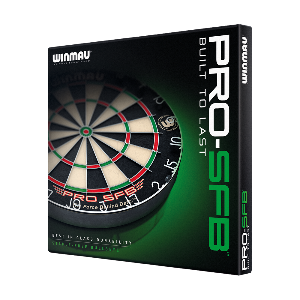 1602_Winmau_Pro_SFB_Dartboard_5KqWrhRcLLrQd4 Das Bild zeigt die Verpackung des Winmau Pro SFB Dartboards. Auf der Schachtel steht, dass das Dartboard besonders langlebig ist und ein bullseye ohne Klammern hat.