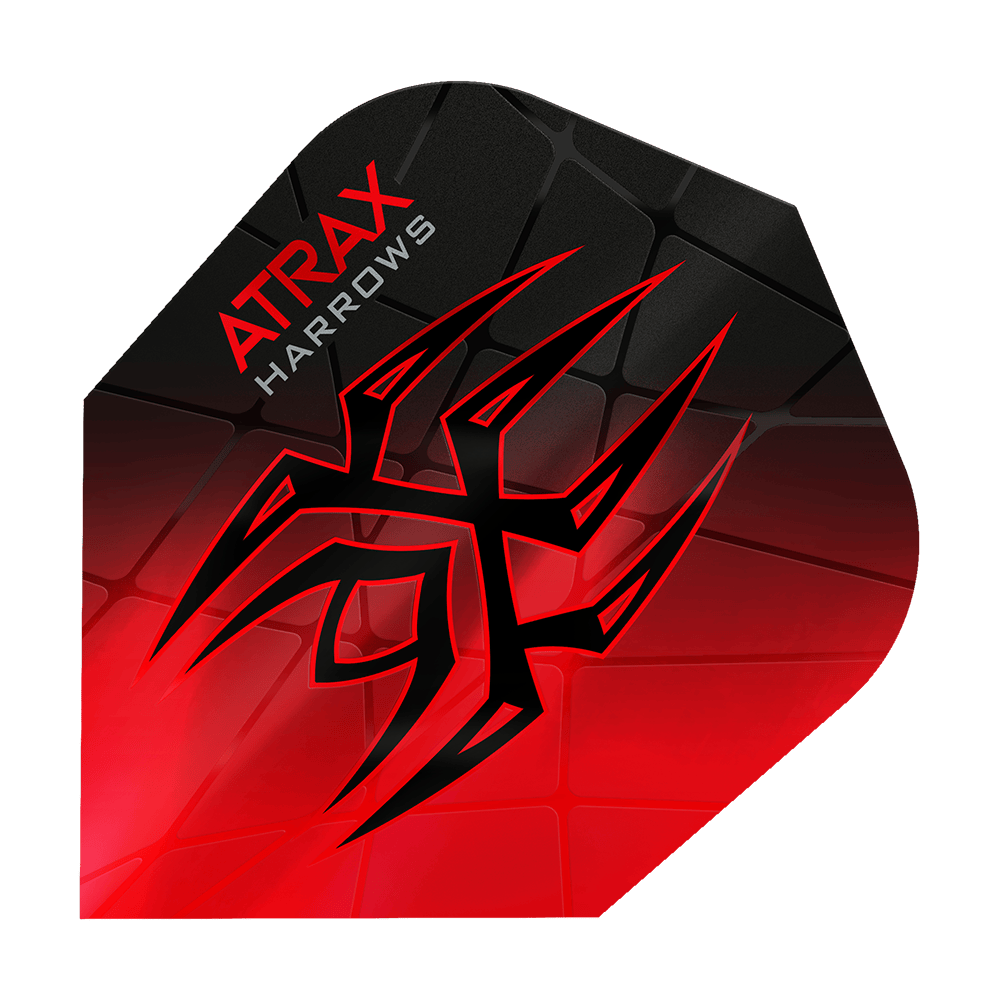 Vuelos Harrow's Atrax Prime No6 Das Bild zeigt das Produkt "Harrows Atrax Prime No6 Flights" in rot und schwarz. Ein auffälliges Tribal-Muster und die Markenaufschrift sind auf der Dart-Flugfläche zu sehen.