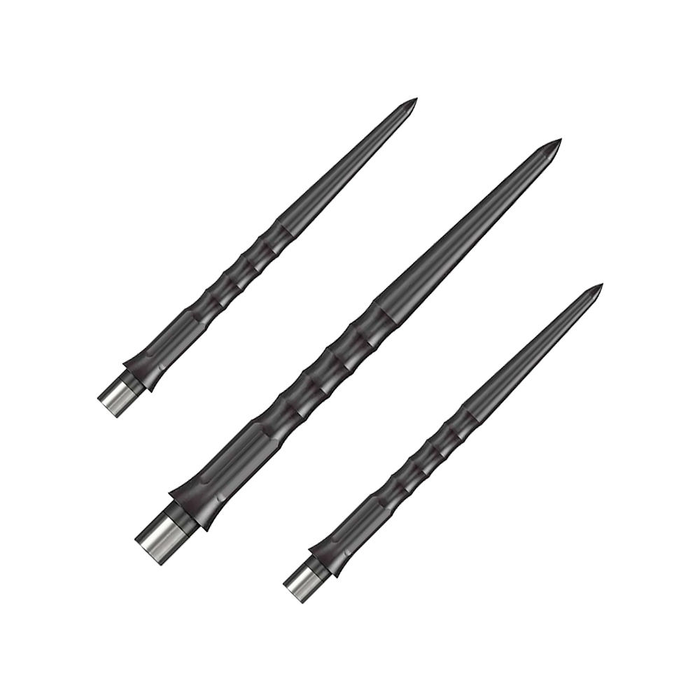 Das Bild zeigt drei schwarze Steeldartspitzen mit einer gerippten Oberfläche. Die Spitzen sind schlank und haben eine Länge von 32 mm.